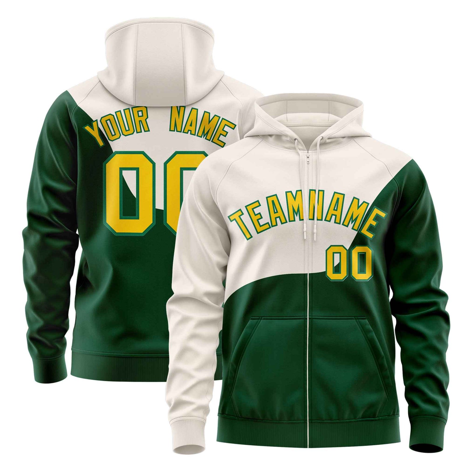 Custom Cream Kelly Green Color Block Varsity Full-Zip Letterman Wave Hoodie Jacket