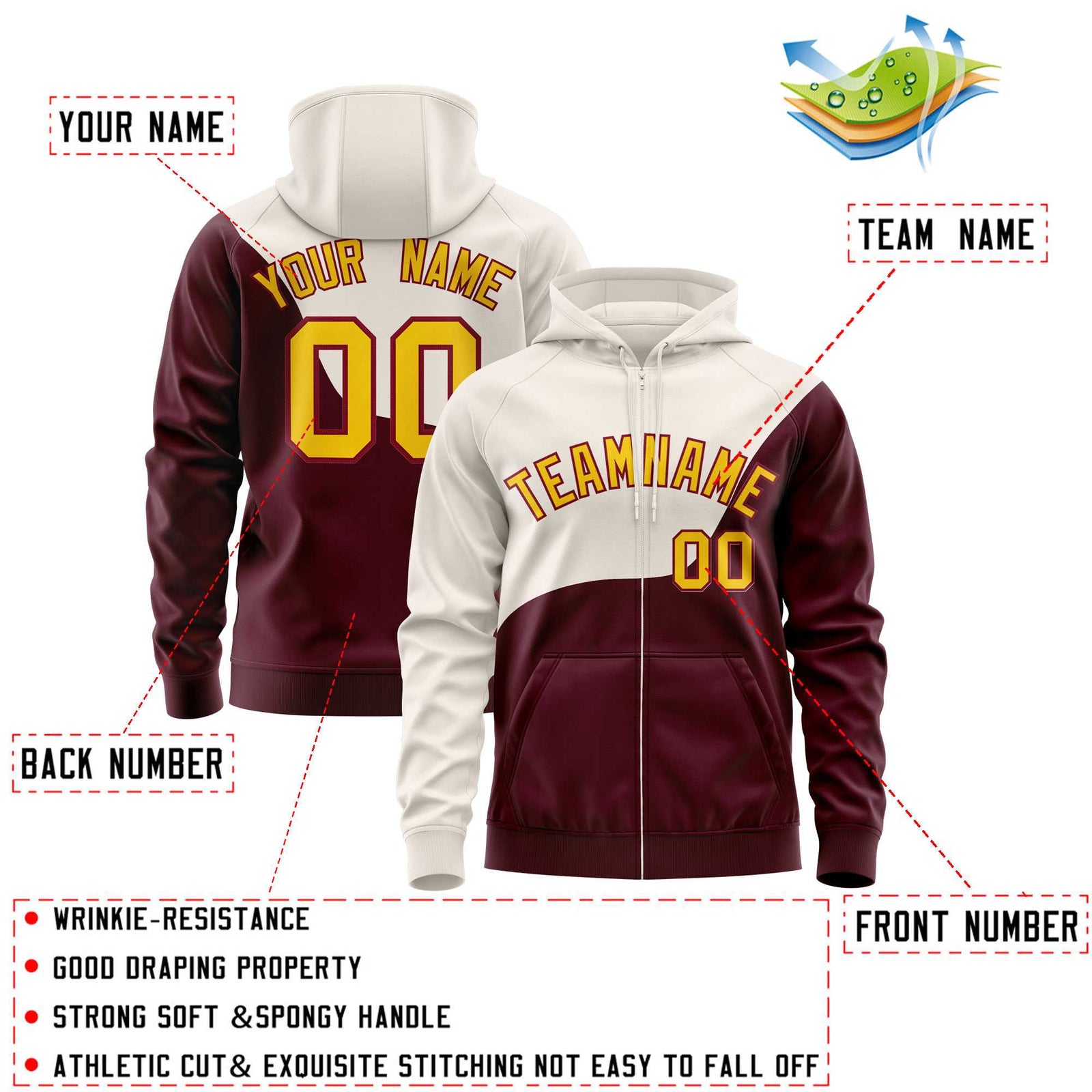 Custom Cream Crimson Color Block Varsity Full-Zip Letterman Wave Hoodie Jacket