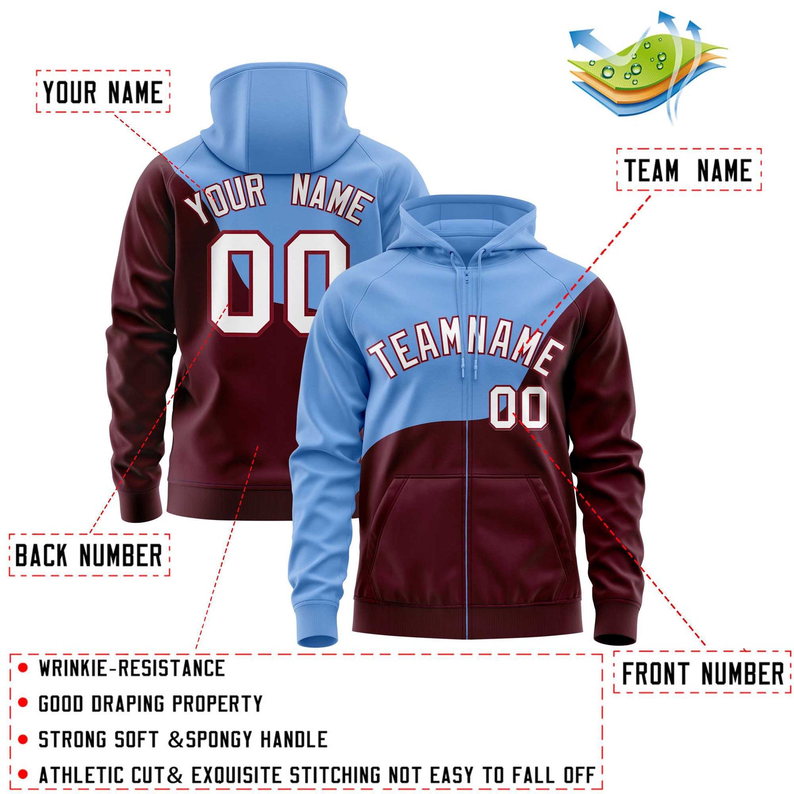 Custom Powder Blue Crimson Color Block Varsity Full-Zip Letterman Wave Hoodie Jacket