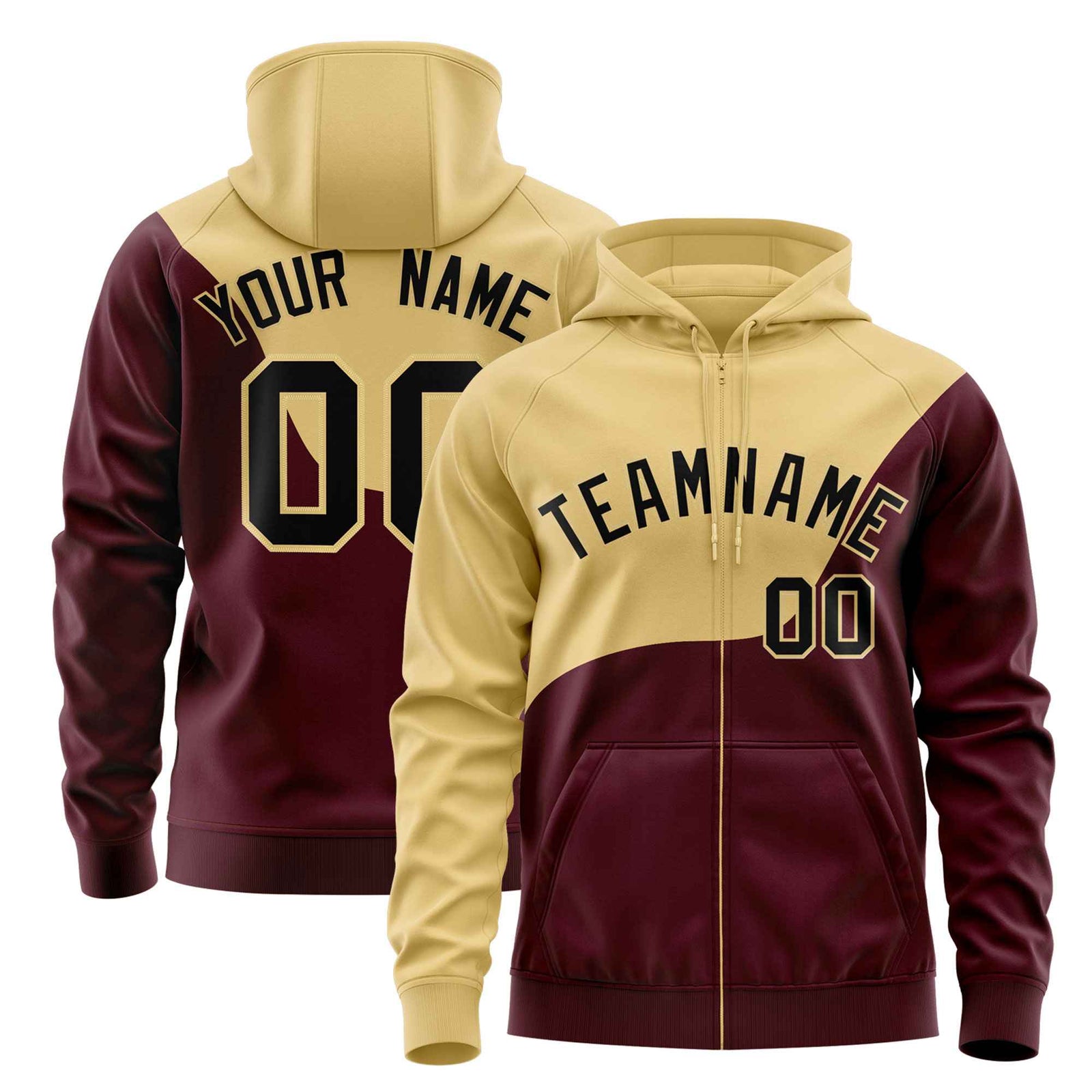 Custom Khaki Crimson Color Block Varsity Full-Zip Letterman Wave Hoodie Jacket