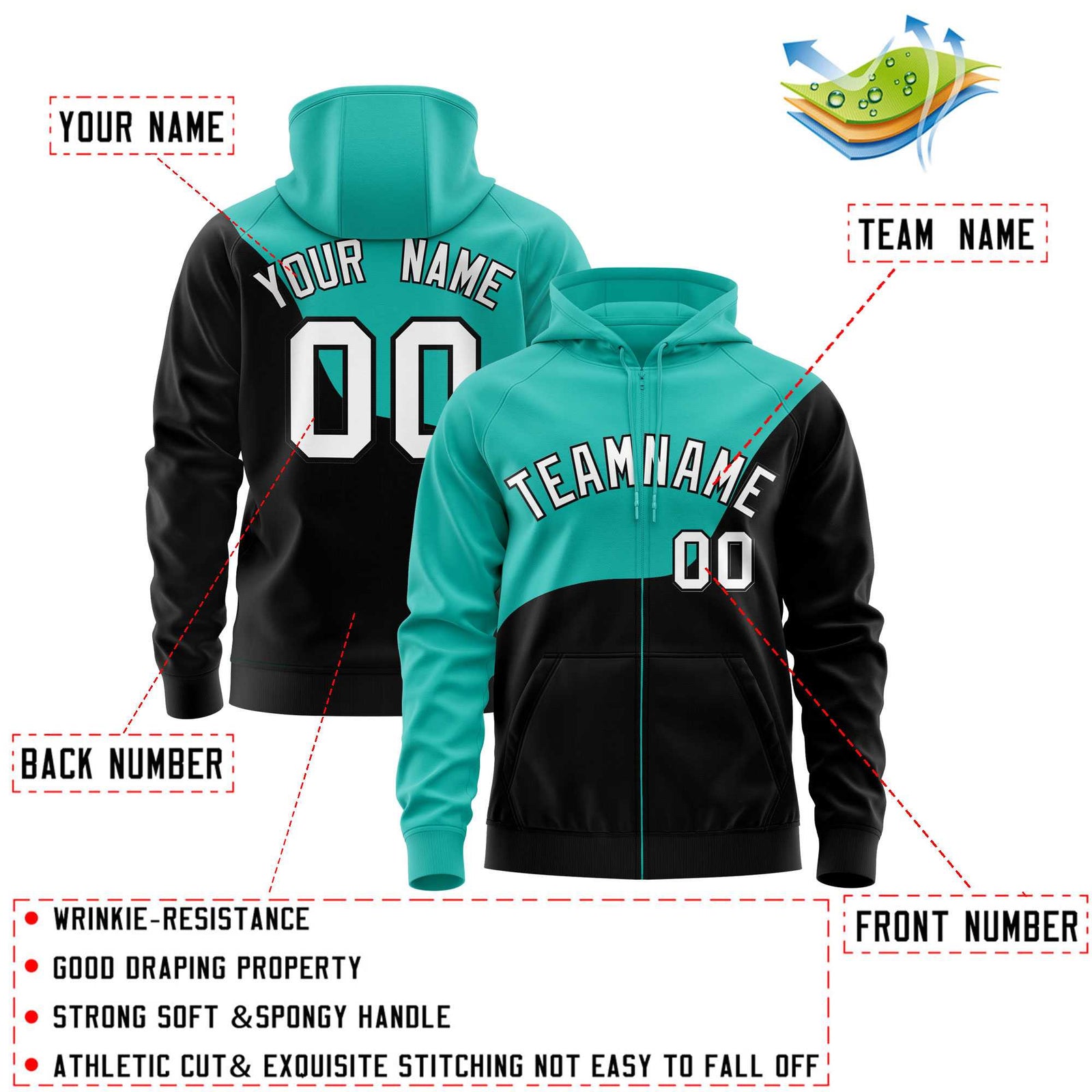 Custom Bright Green Black Color Block Varsity Full-Zip Letterman Wave Hoodie Jacket