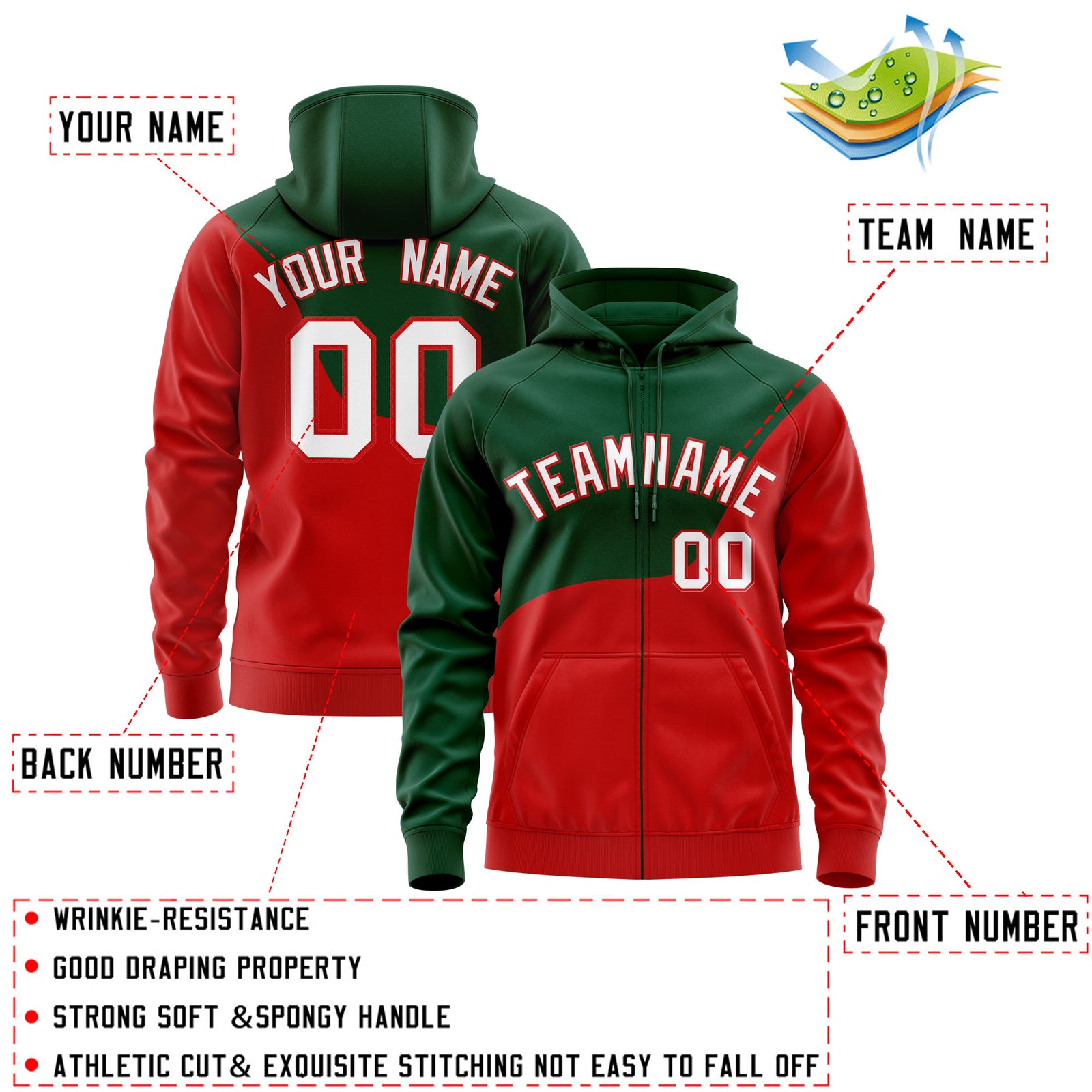 Custom Kelly Green Red Color Block Varsity Full-Zip Letterman Wave Hoodie Jacket