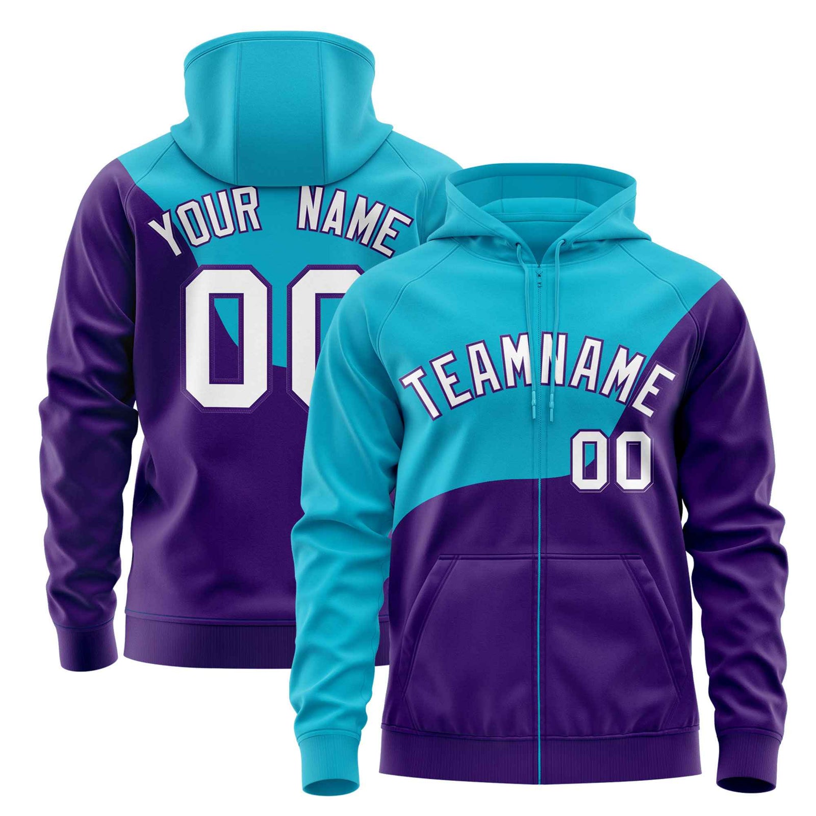 Custom Teal Purple Color Block Varsity Full-Zip Letterman Wave Hoodie Jacket