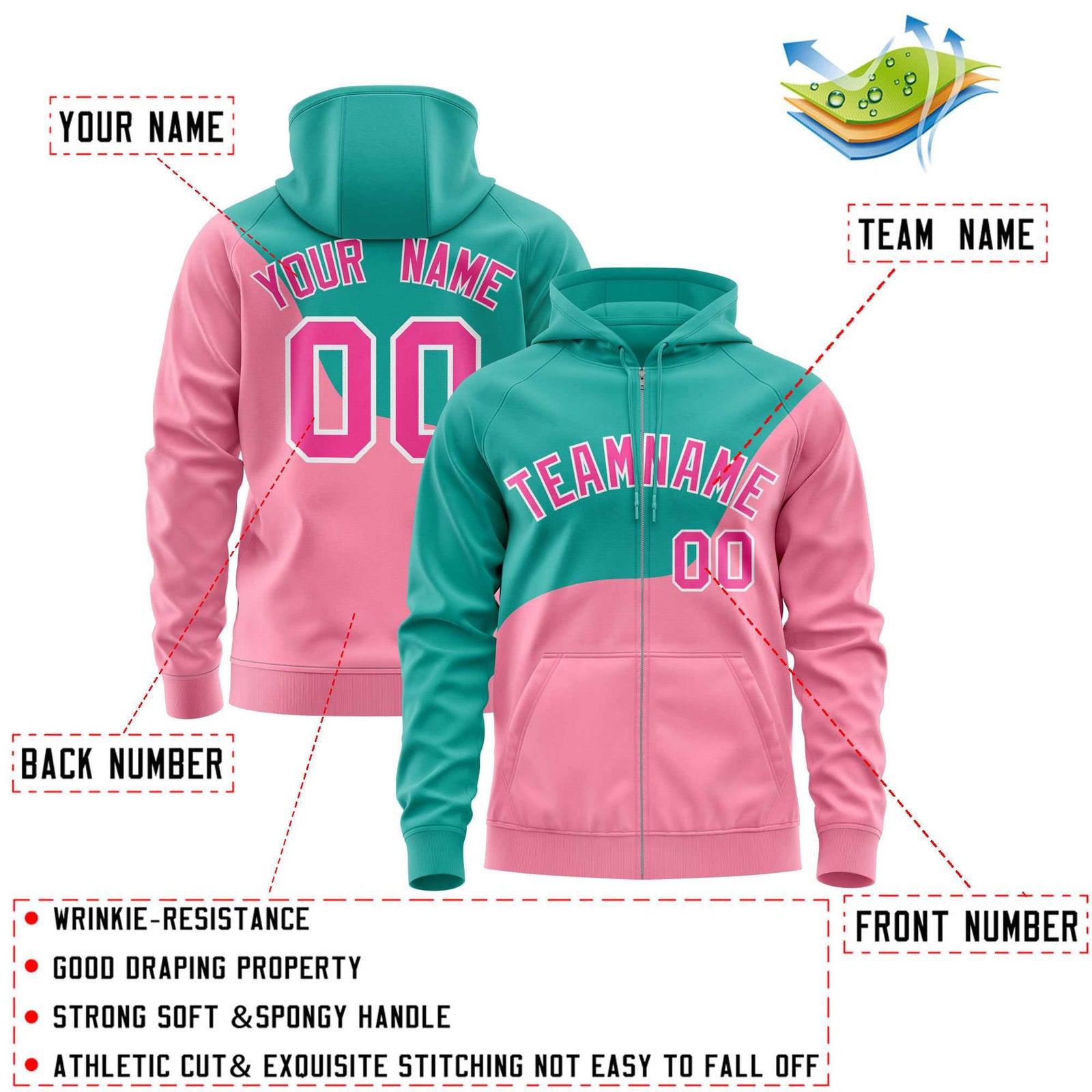 Custom Bright Green Light Pink Color Block Varsity Full-Zip Letterman Wave Hoodie Jacket