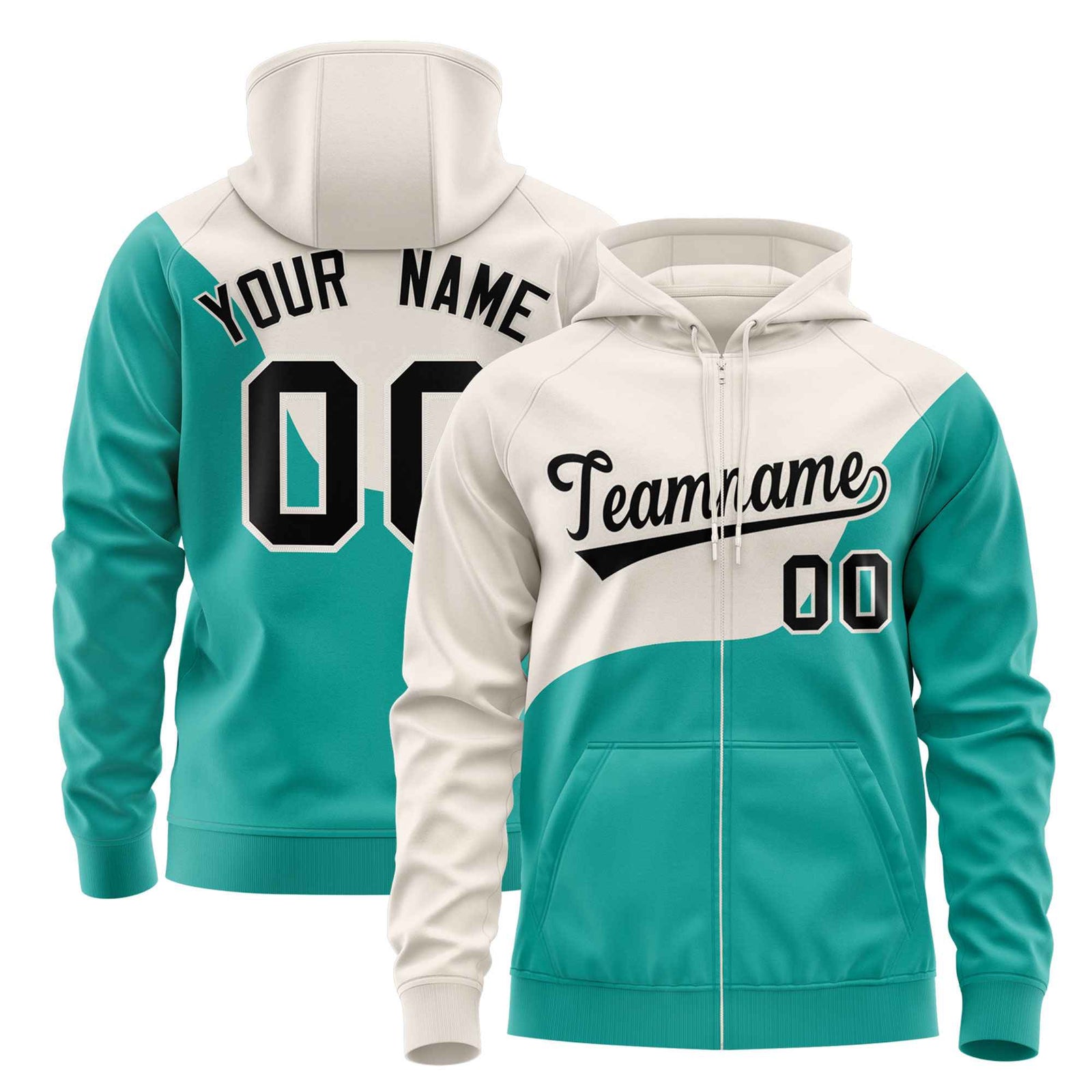 Custom Cream Bright Green Color Block Varsity Full-Zip Letterman Wave Hoodie Jacket