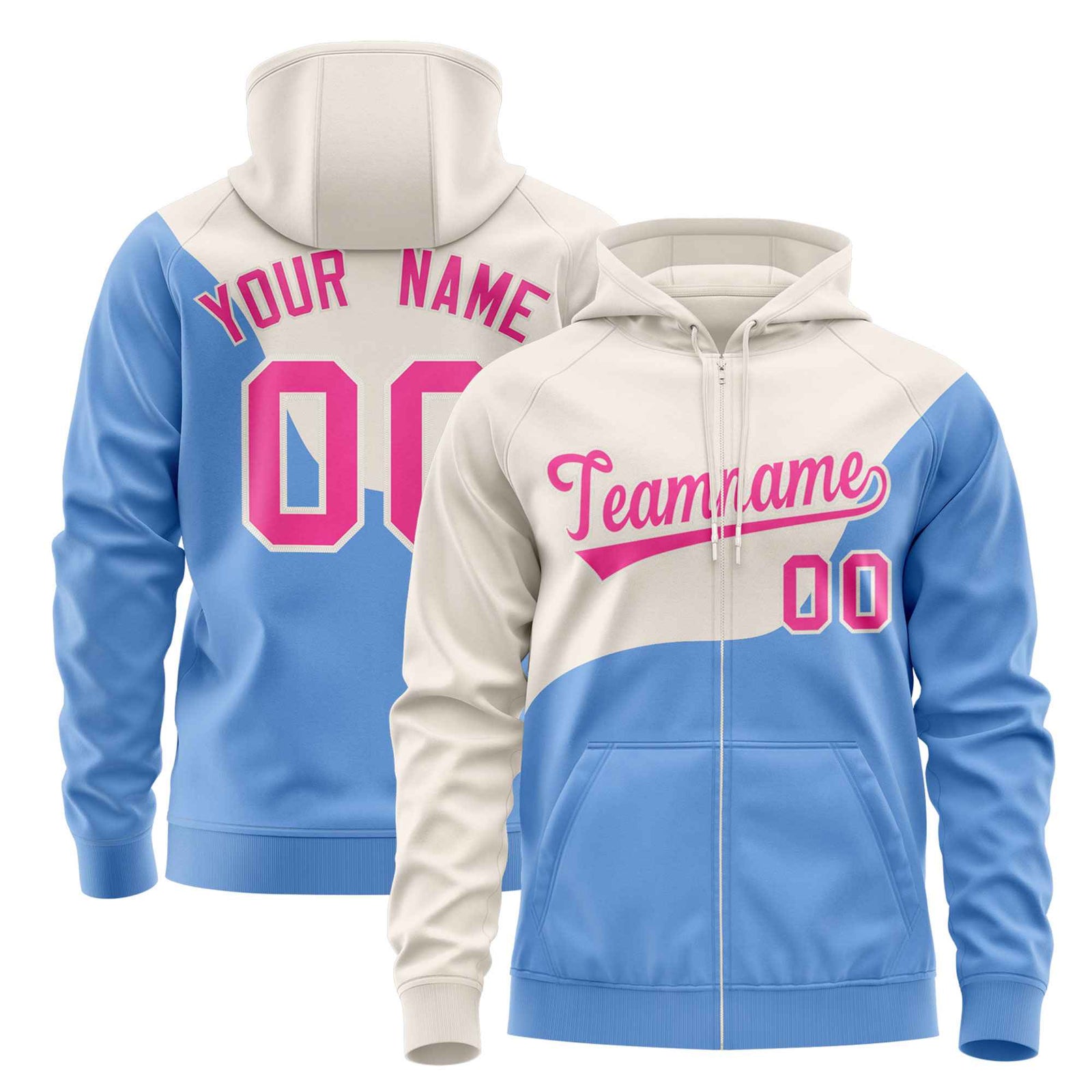 Custom Cream Powder Blue Color Block Varsity Full-Zip Letterman Wave Hoodie Jacket