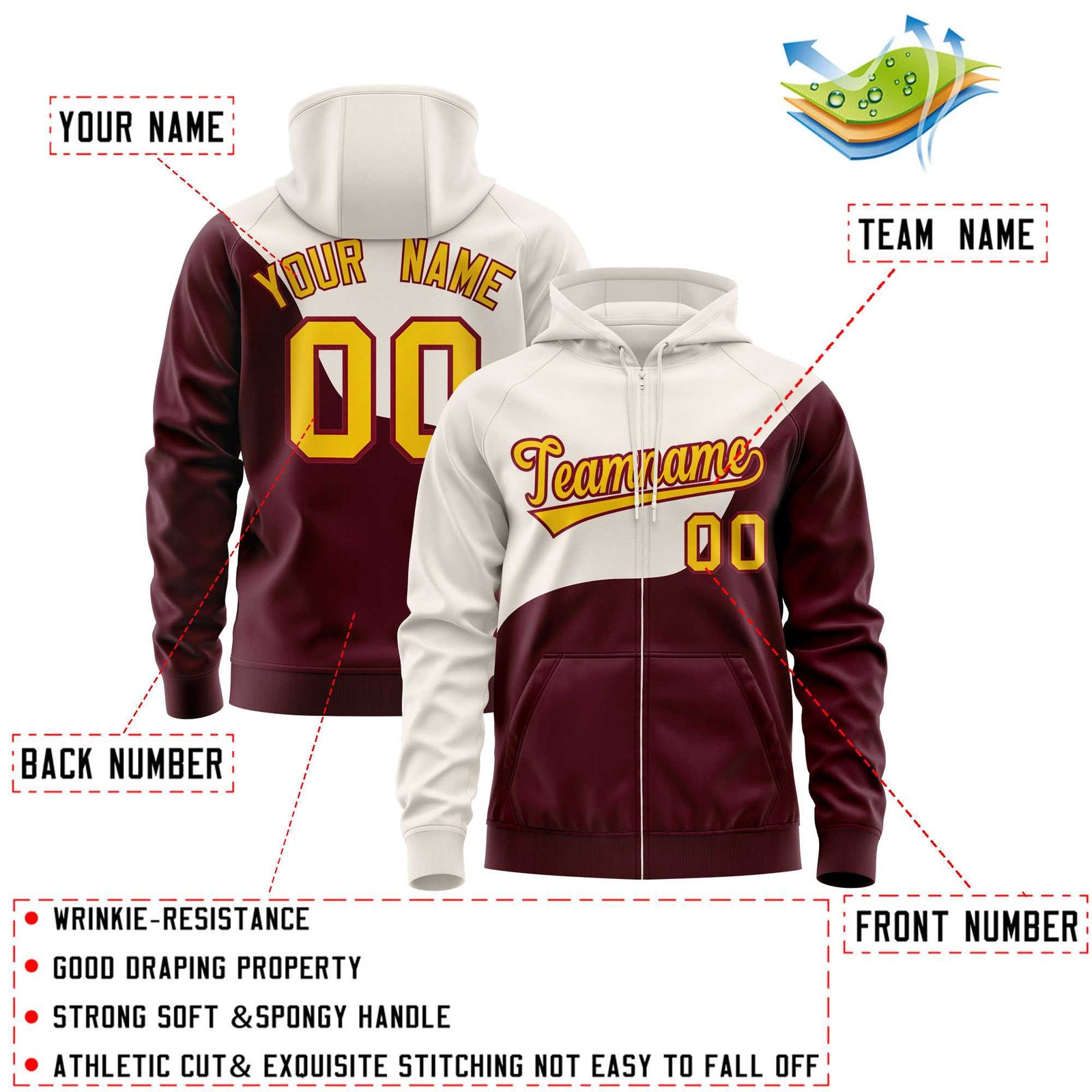 Custom Cream Crimson Color Block Varsity Full-Zip Letterman Wave Hoodie Jacket