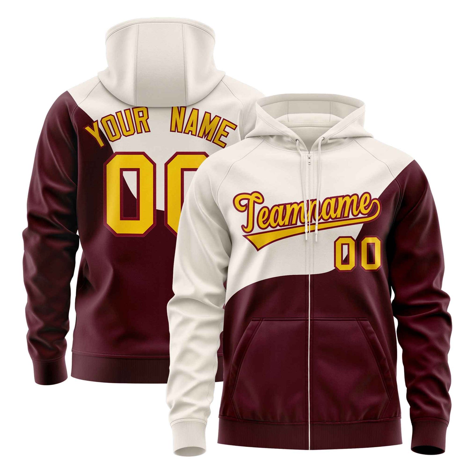 Custom Cream Crimson Color Block Varsity Full-Zip Letterman Wave Hoodie Jacket