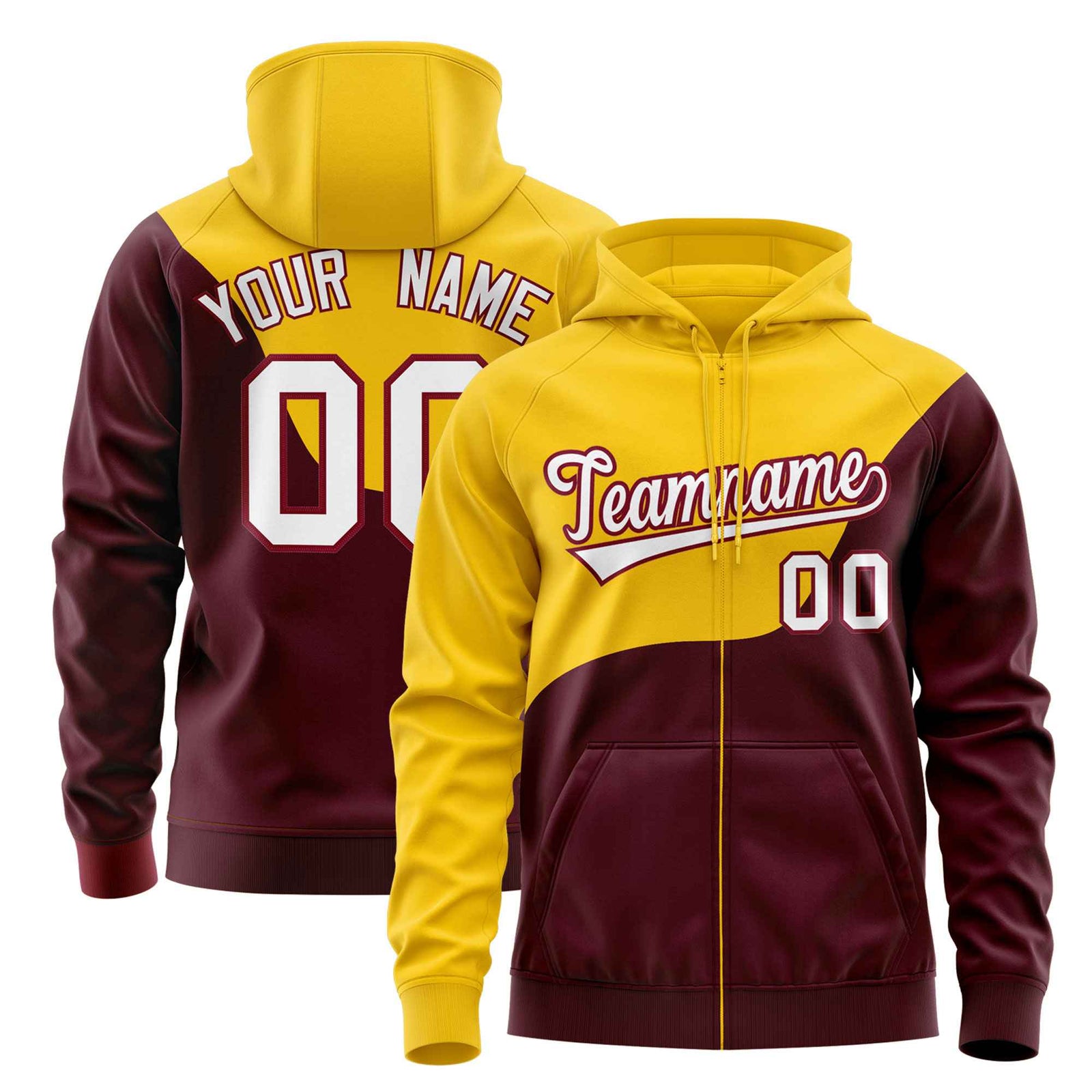 Custom Gold Crimson Color Block Varsity Full-Zip Letterman Wave Hoodie Jacket