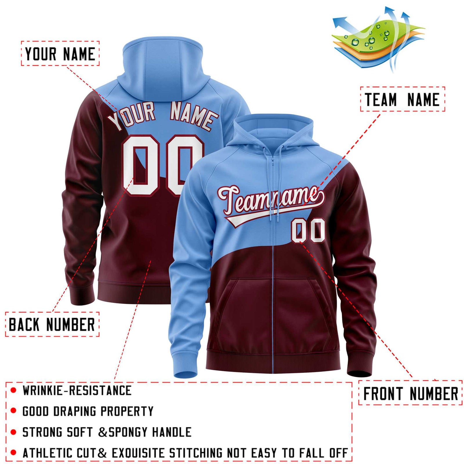 Custom Powder Blue Crimson Color Block Varsity Full-Zip Letterman Wave Hoodie Jacket