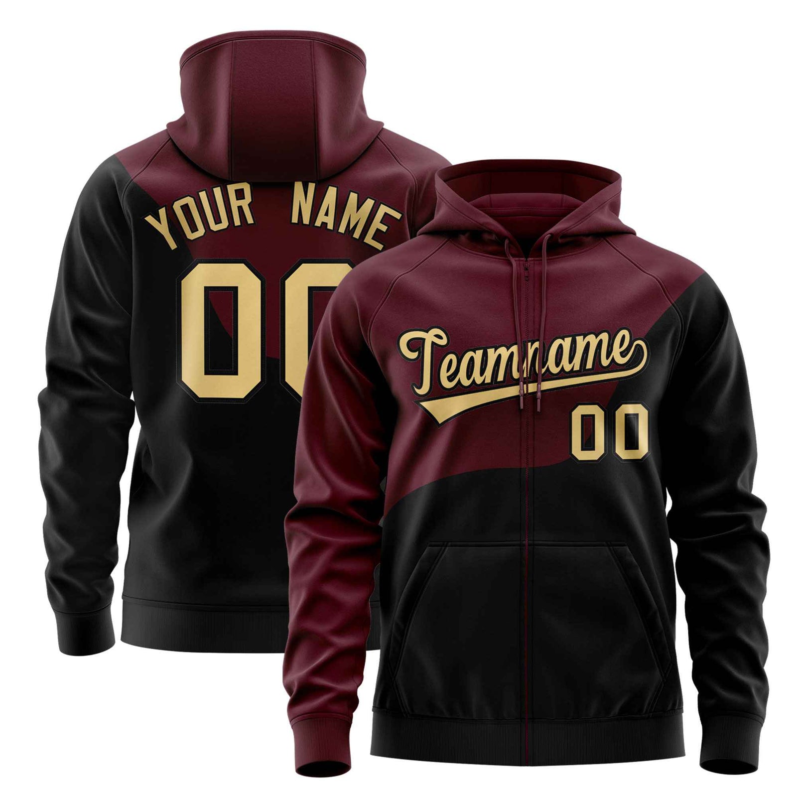 Custom Crimson Black Color Block Varsity Full-Zip Letterman Wave Jacket Hoodie