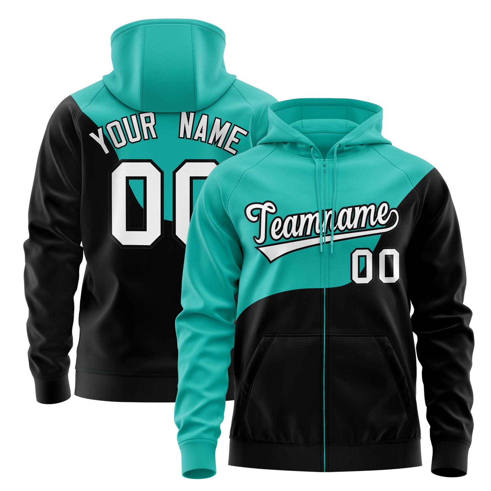 Custom Bright Green Black Color Block Varsity Full-Zip Letterman Wave Hoodie Jacket