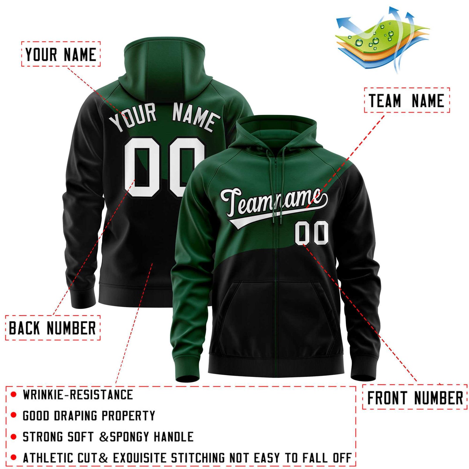 Custom Kelly Green Black Color Block Varsity Full-Zip Letterman Wave Hoodie Jacket