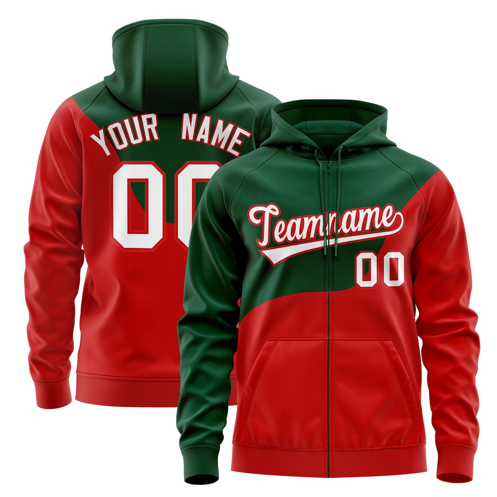 Custom Kelly Green Red Color Block Varsity Full-Zip Letterman Wave Hoodie Jacket