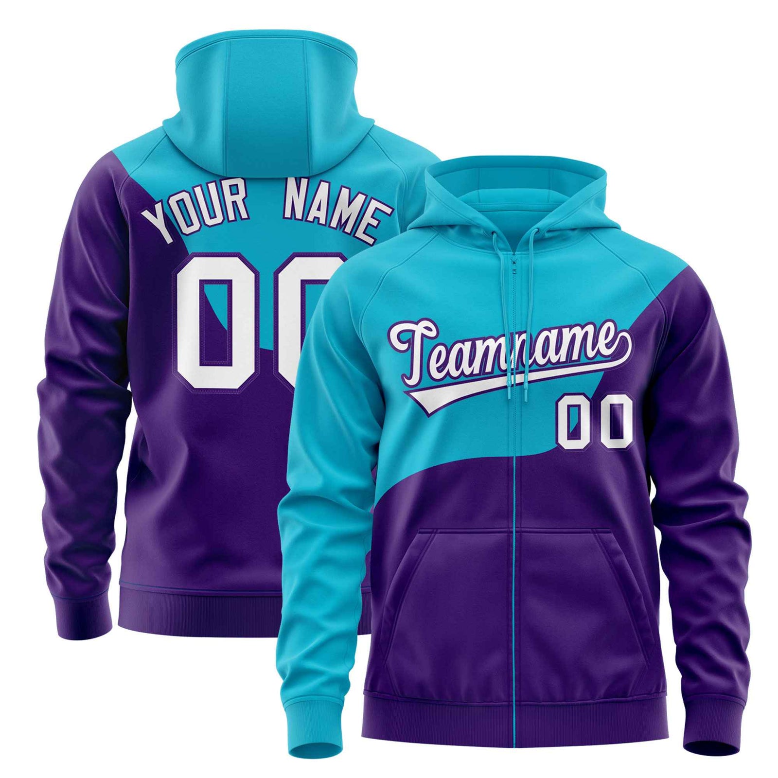 Custom Teal Purple Color Block Varsity Full-Zip Letterman Wave Hoodie Jacket
