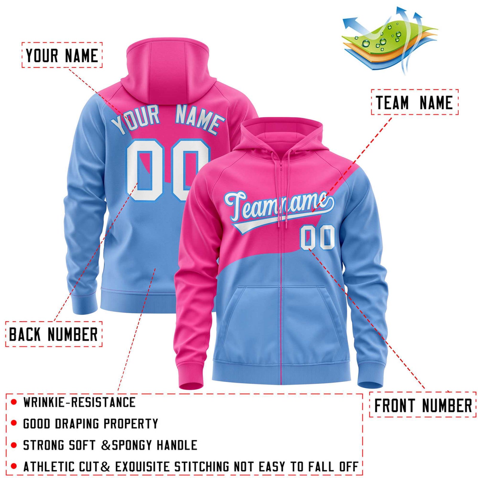 Custom Pink Powder Blue Color Block Varsity Full-Zip Letterman Wave Hoodie Jacket