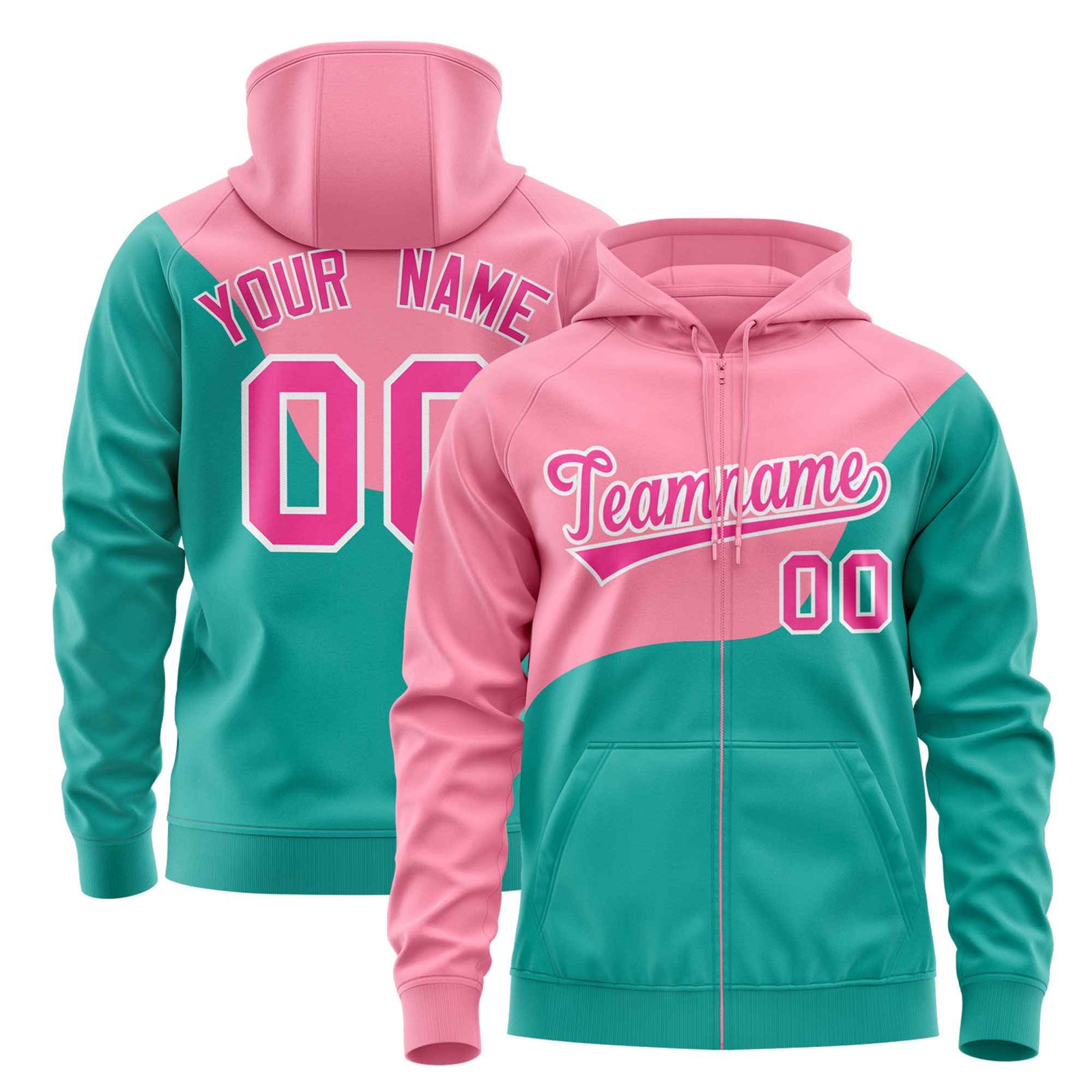 Custom Light Pink Bright Green Color Block Varsity Full-Zip Letterman Wave Hoodie Jacket