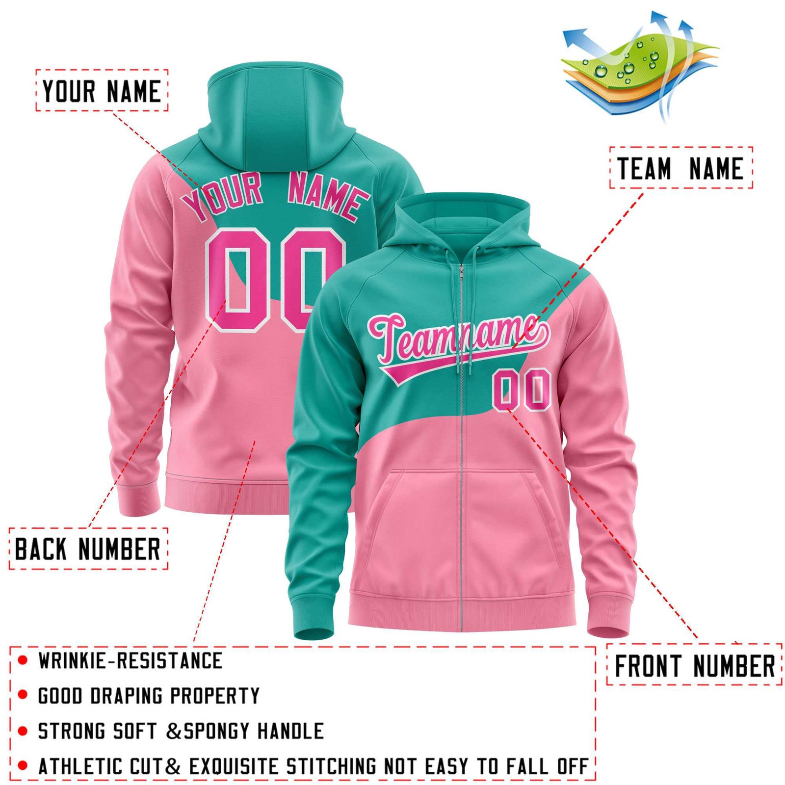 Custom Bright Green Light Pink Color Block Varsity Full-Zip Letterman Wave Hoodie Jacket