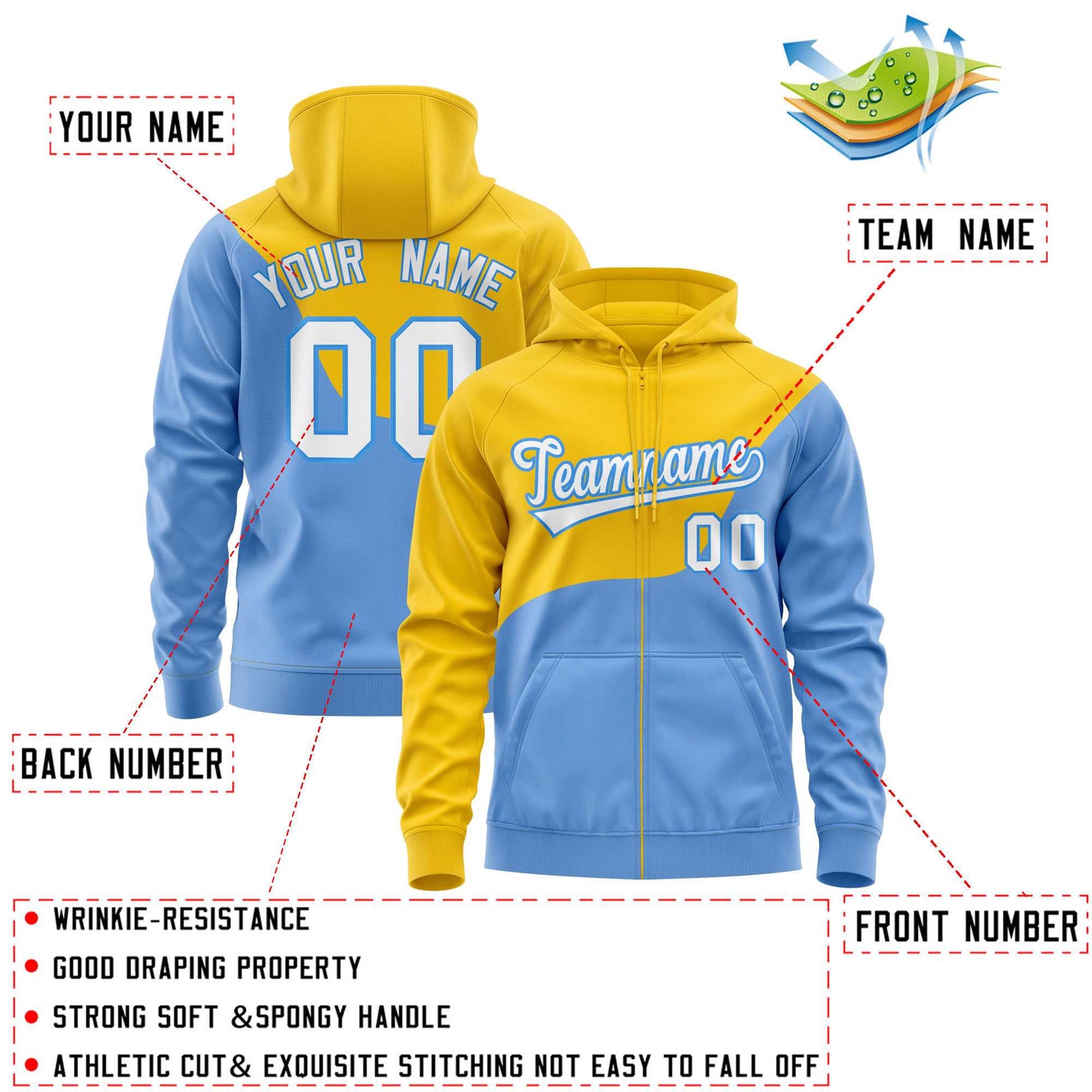 Custom Gold Powder Blue Color Block Varsity Full-Zip Letterman Wave Hoodie Jacket