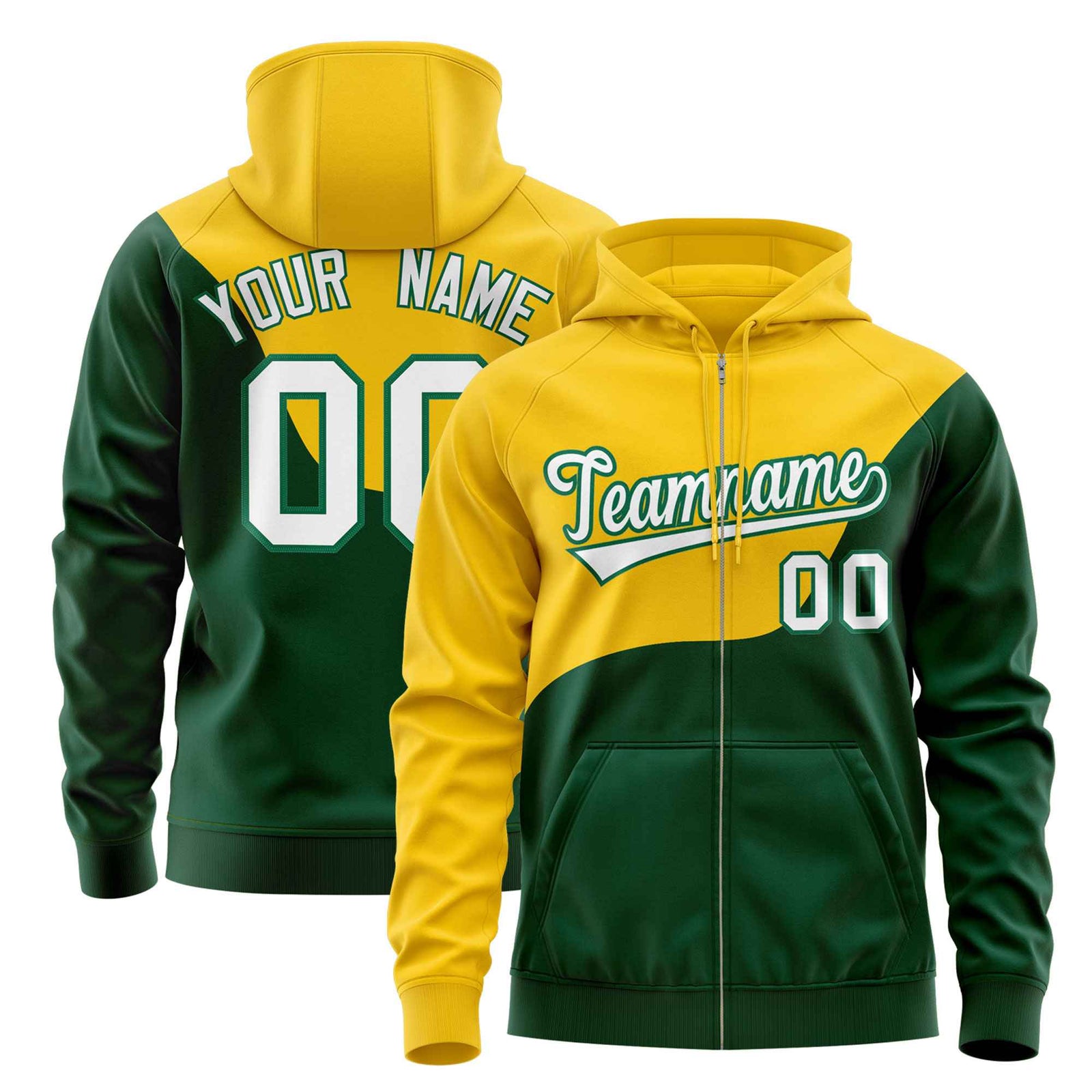 Custom Gold Kelly Green Color Block Varsity Full-Zip Letterman Wave Hoodie Jacket