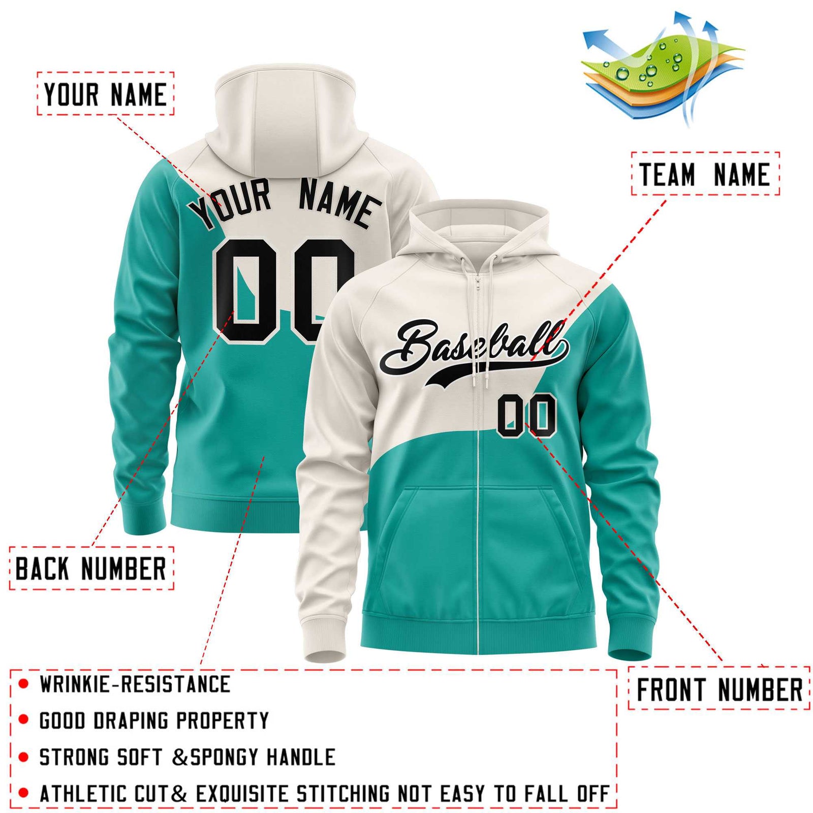 Custom Cream Bright Green Color Block Varsity Full-Zip Letterman Wave Hoodie Jacket