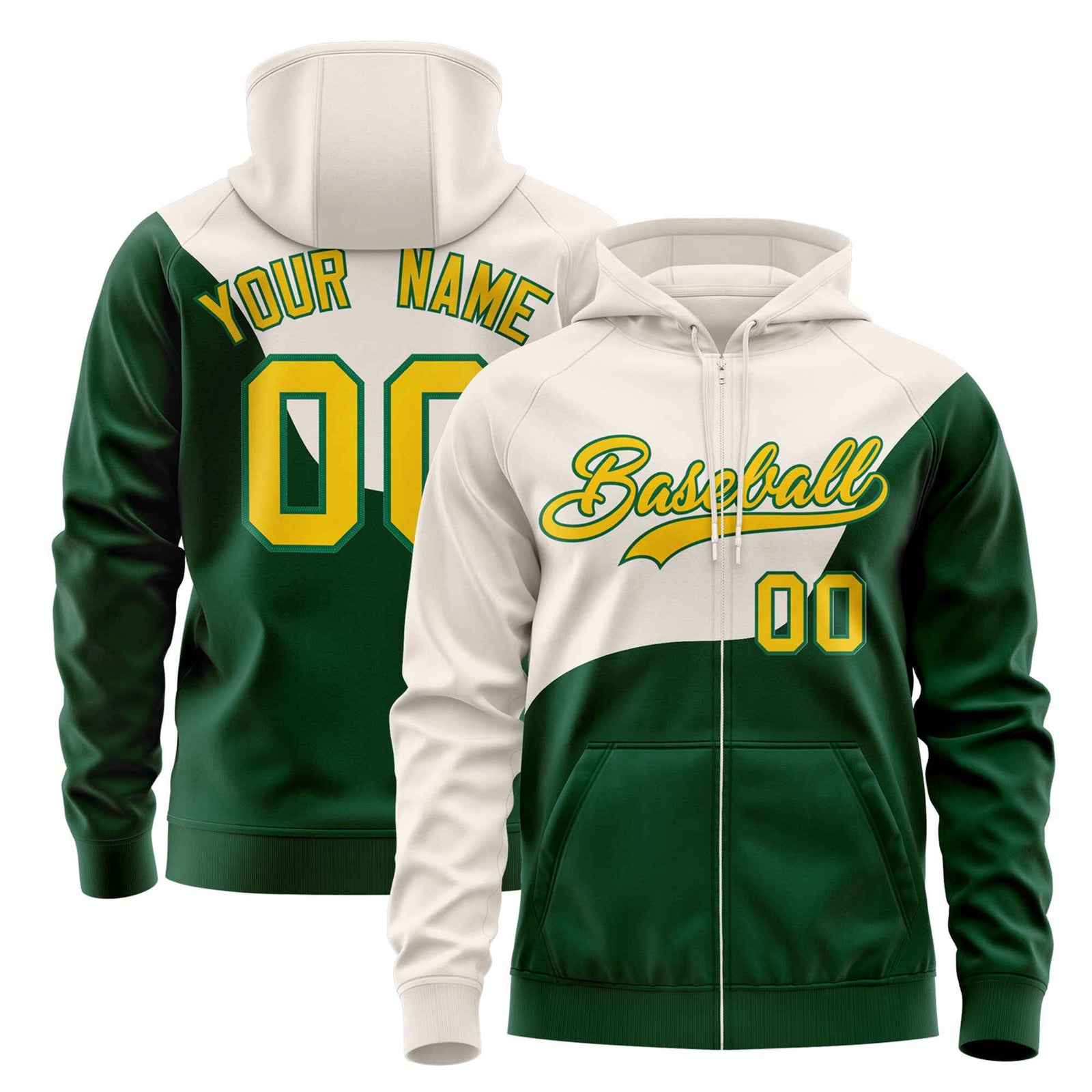Custom Cream Kelly Green Color Block Varsity Full-Zip Letterman Wave Hoodie Jacket