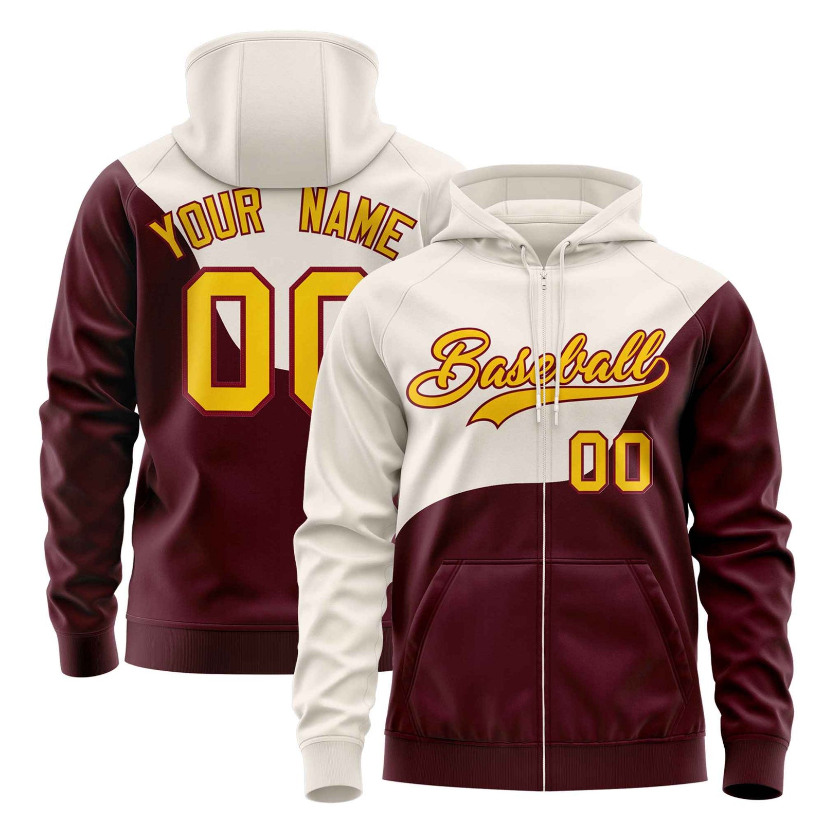 Custom Cream Crimson Color Block Varsity Full-Zip Letterman Wave Hoodie Jacket