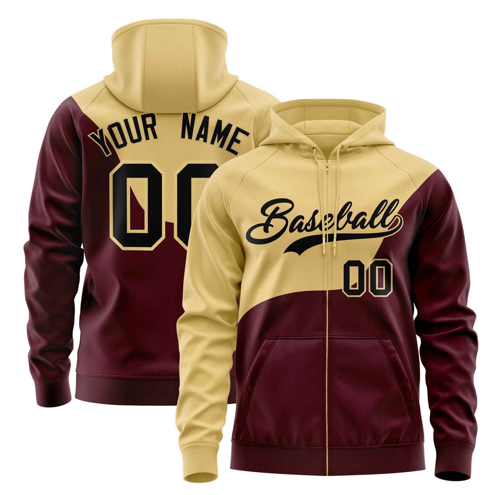 Custom Khaki Crimson Color Block Varsity Full-Zip Letterman Wave Hoodie Jacket