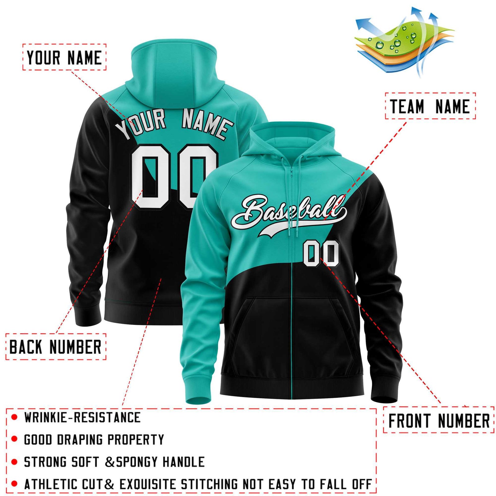 Custom Bright Green Black Color Block Varsity Full-Zip Letterman Wave Hoodie Jacket