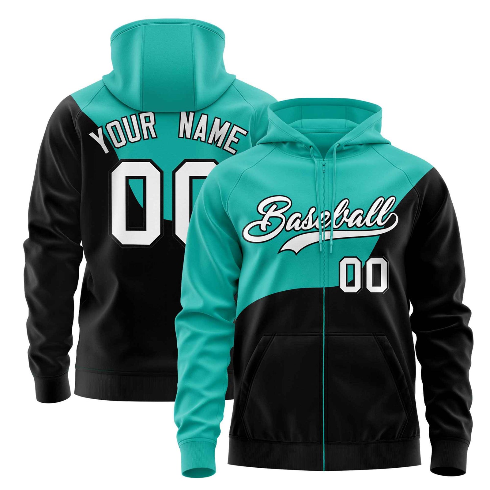 Custom Bright Green Black Color Block Varsity Full-Zip Letterman Wave Hoodie Jacket