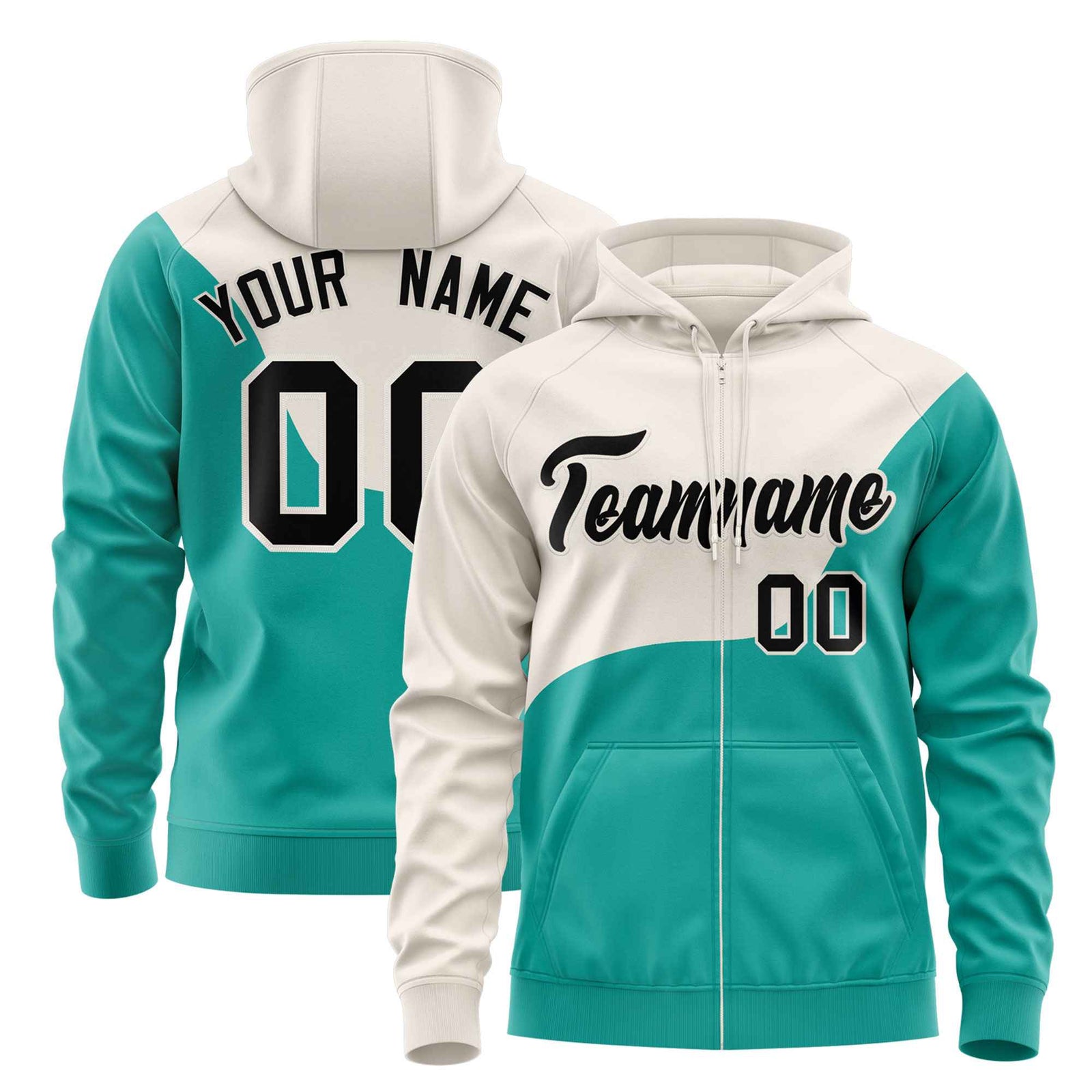 Custom Cream Bright Green Color Block Varsity Full-Zip Letterman Wave Hoodie Jacket