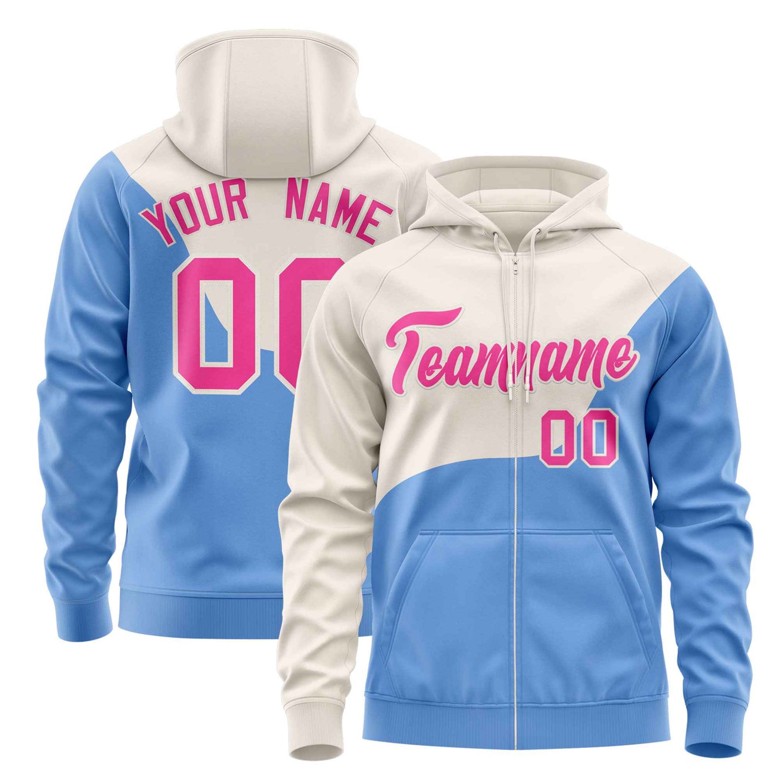Custom Cream Powder Blue Color Block Varsity Full-Zip Letterman Wave Hoodie Jacket