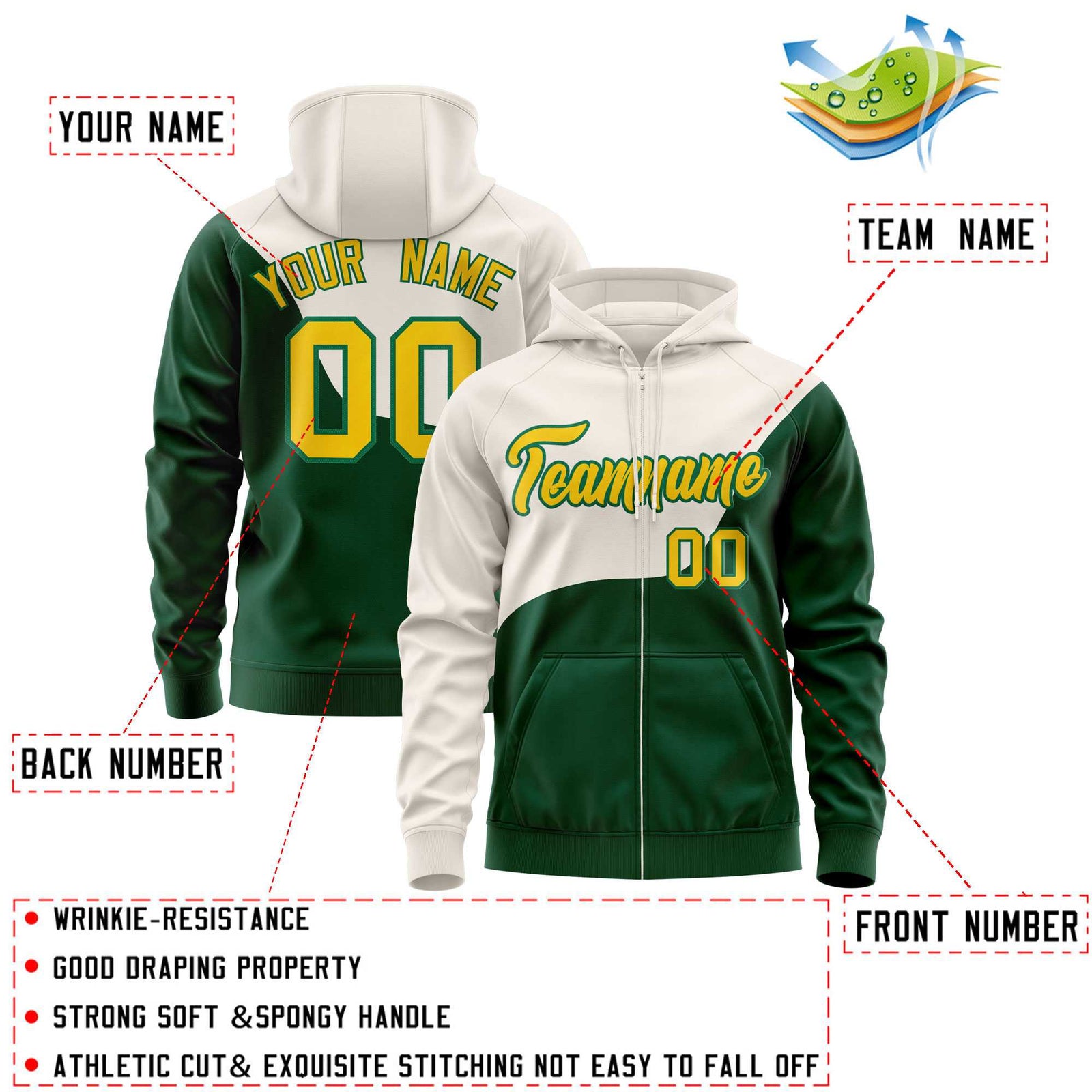 Custom Cream Kelly Green Color Block Varsity Full-Zip Letterman Wave Hoodie Jacket