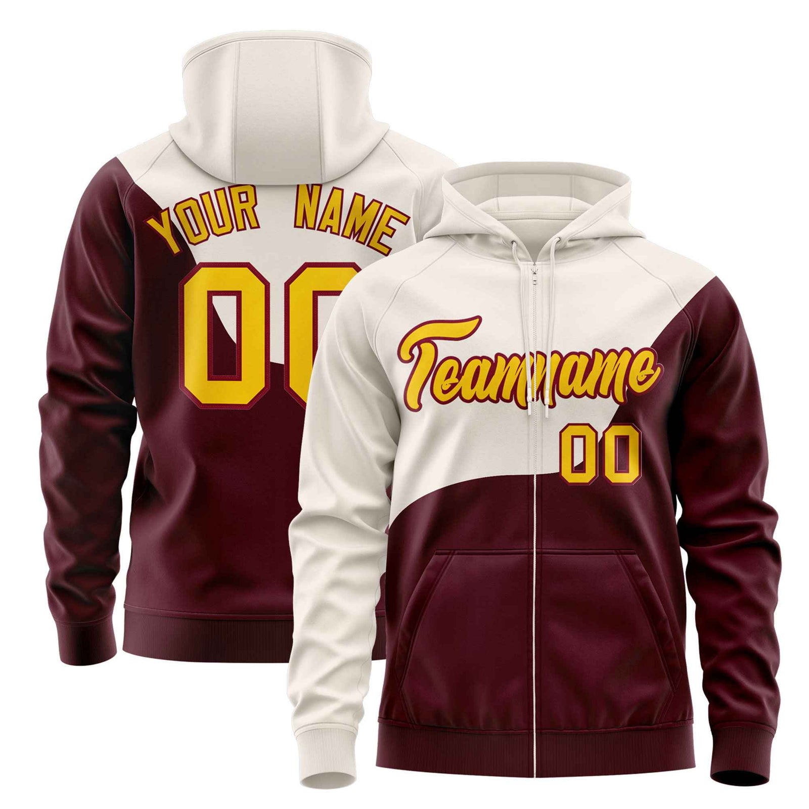 Custom Cream Crimson Color Block Varsity Full-Zip Letterman Wave Hoodie Jacket