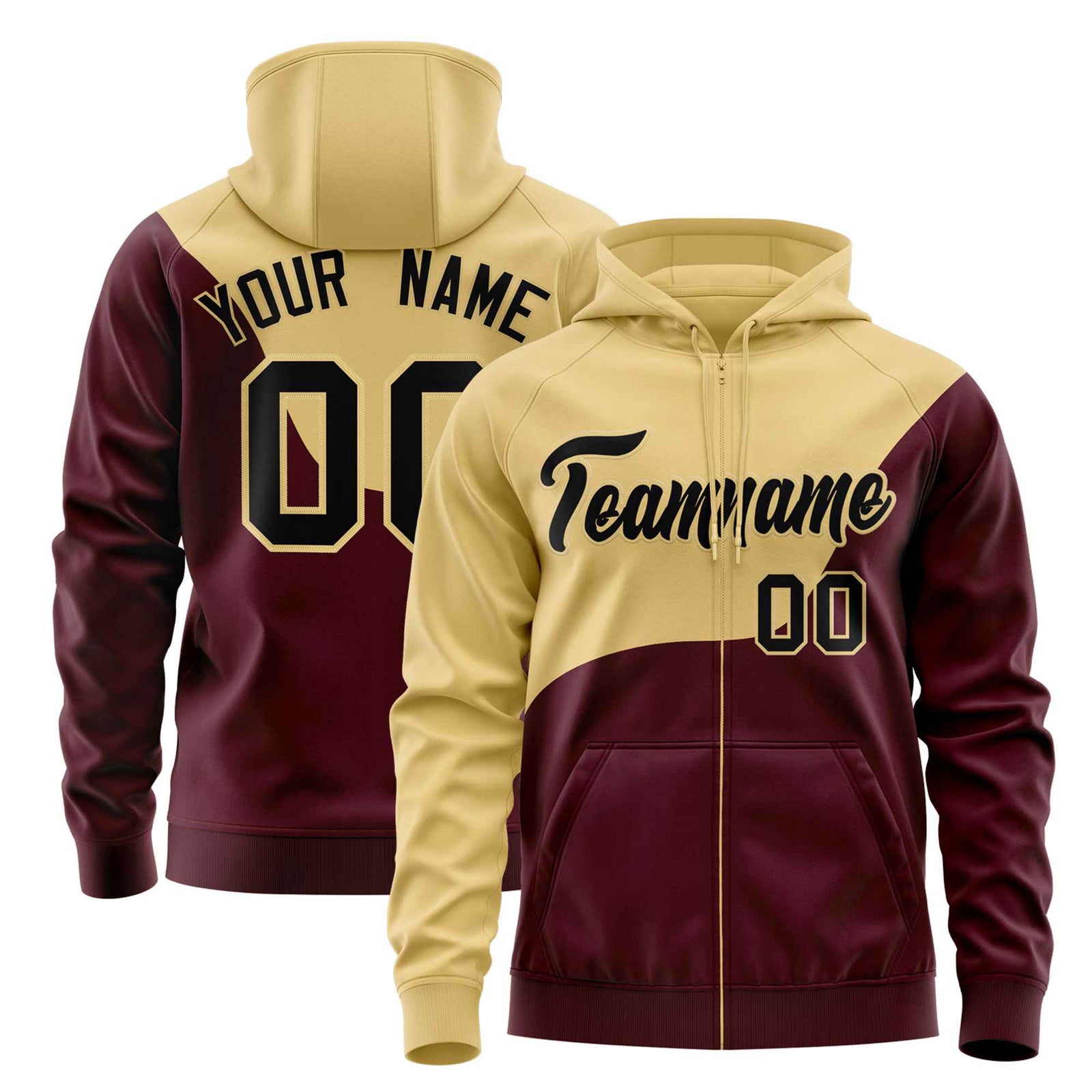 Custom Khaki Crimson Color Block Varsity Full-Zip Letterman Wave Hoodie Jacket