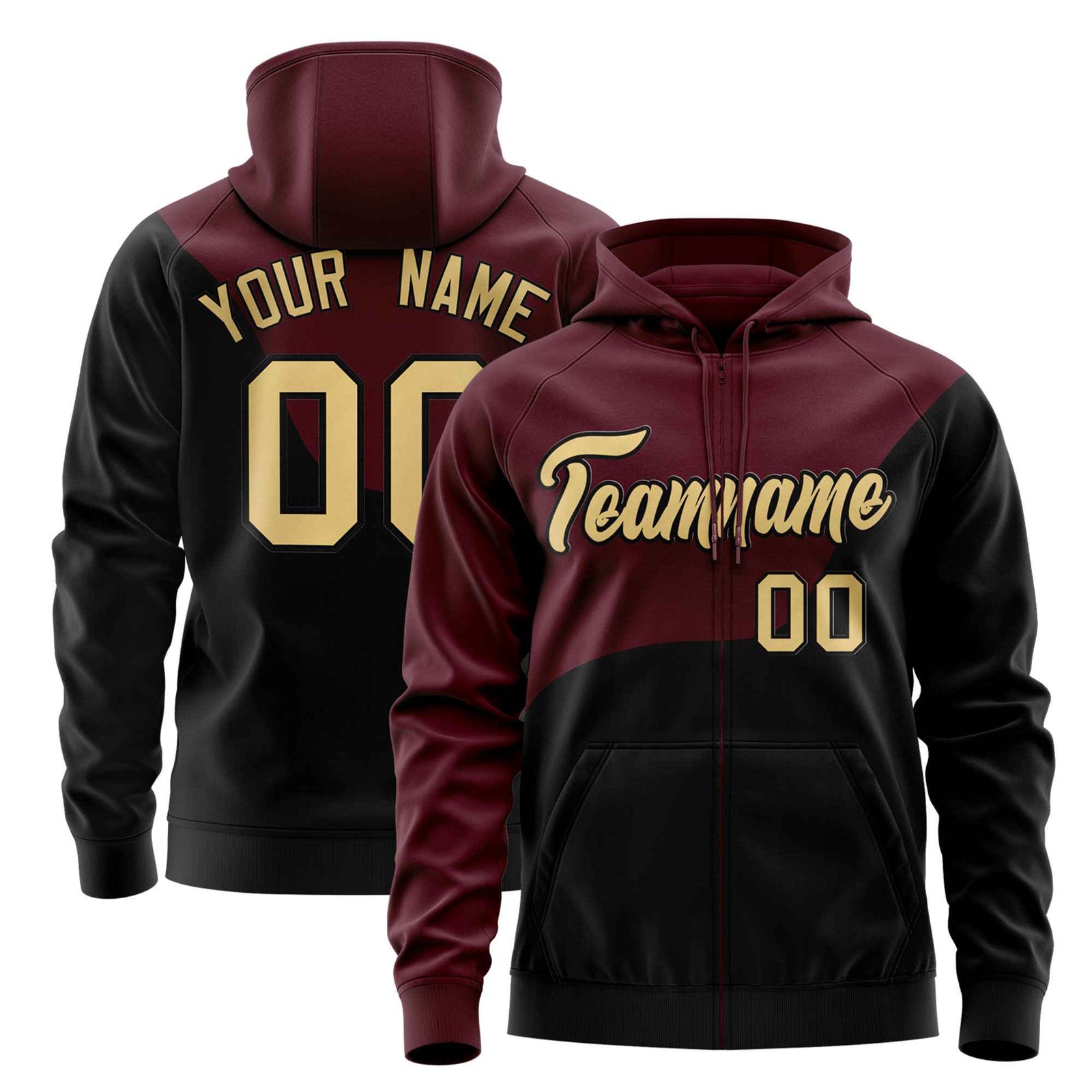Custom Crimson Black Color Block Varsity Full-Zip Letterman Wave Hoodie Jacket