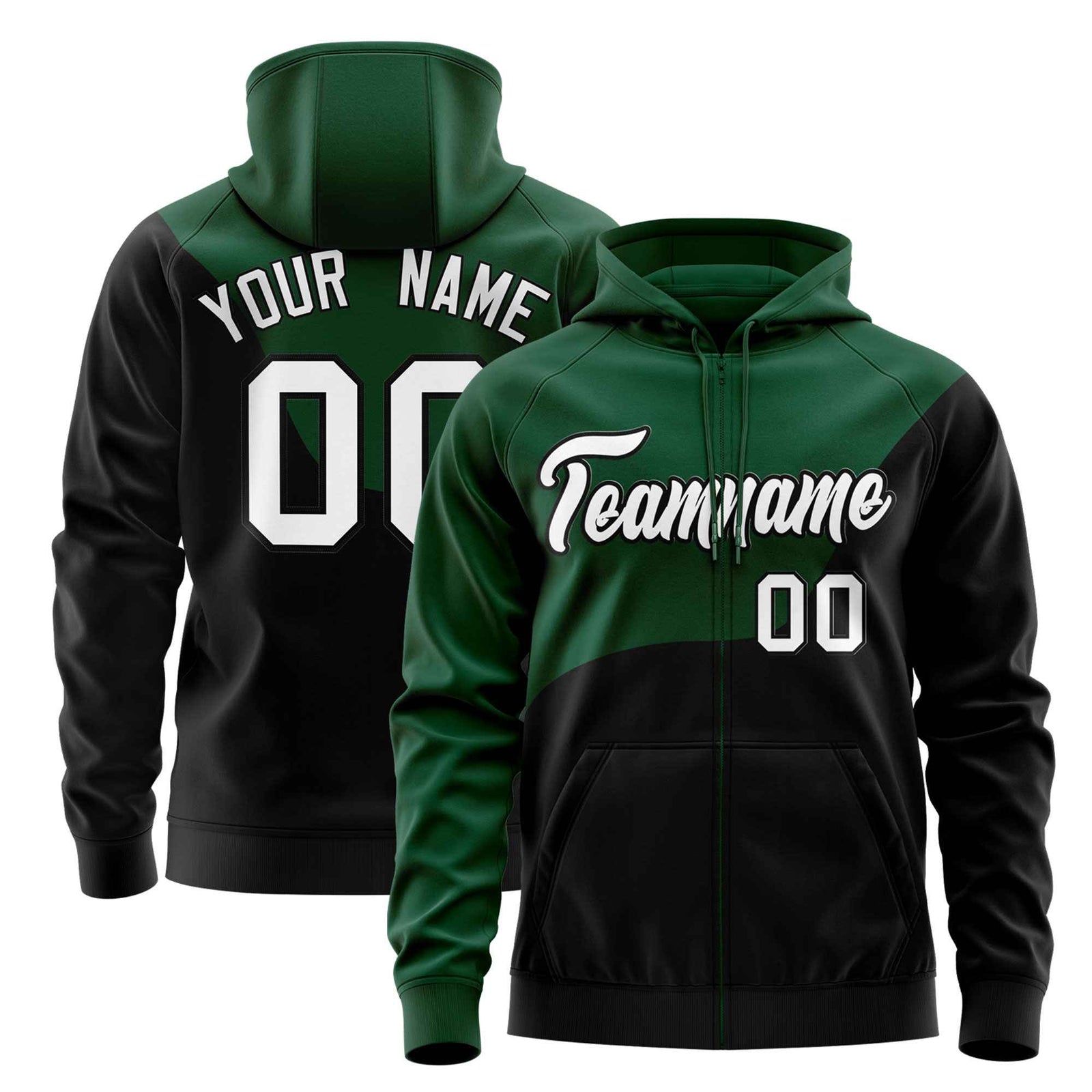 Custom Kelly Green Black Color Block Varsity Full-Zip Letterman Wave Hoodie Jacket
