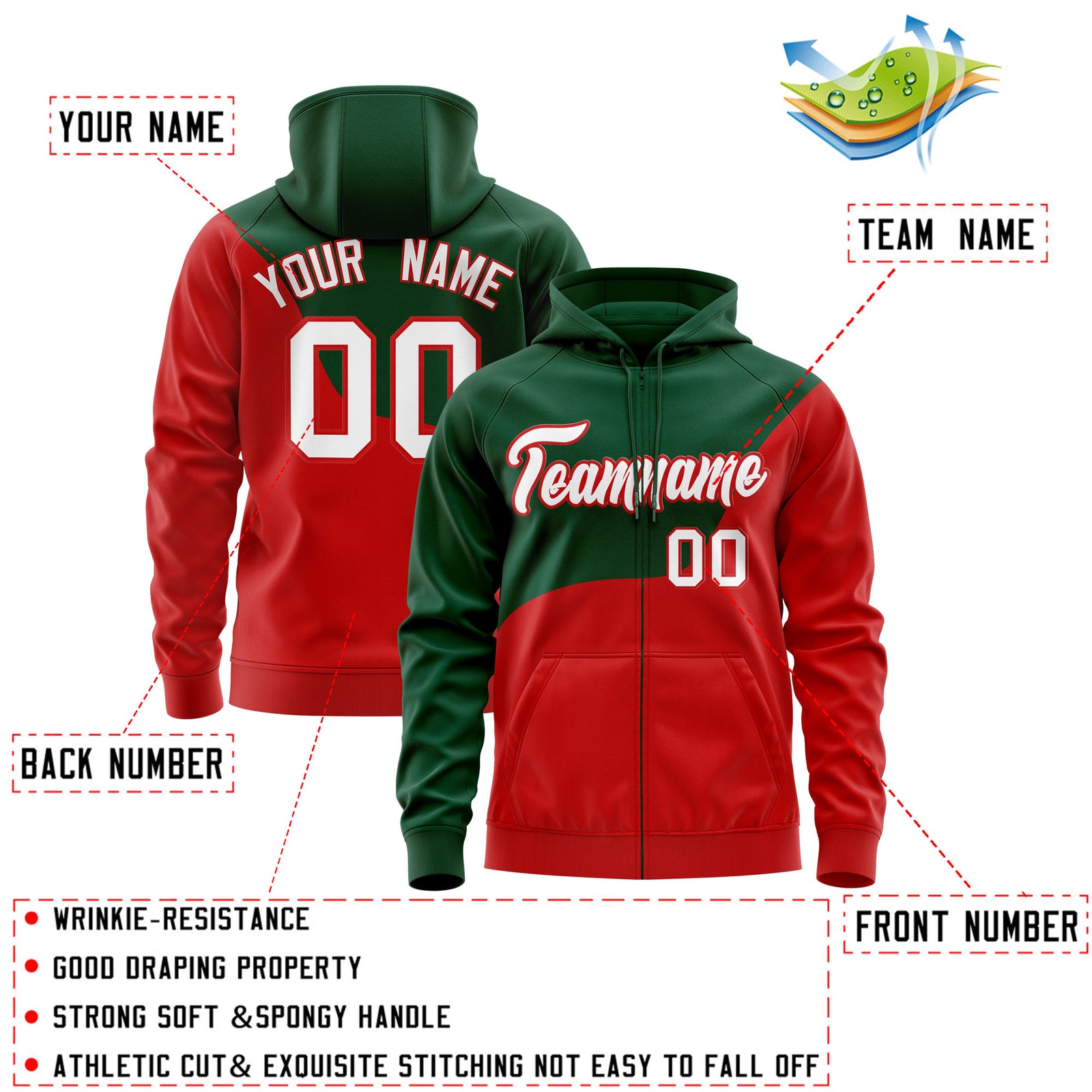 Custom Kelly Green Red Color Block Varsity Full-Zip Letterman Wave Hoodie Jacket