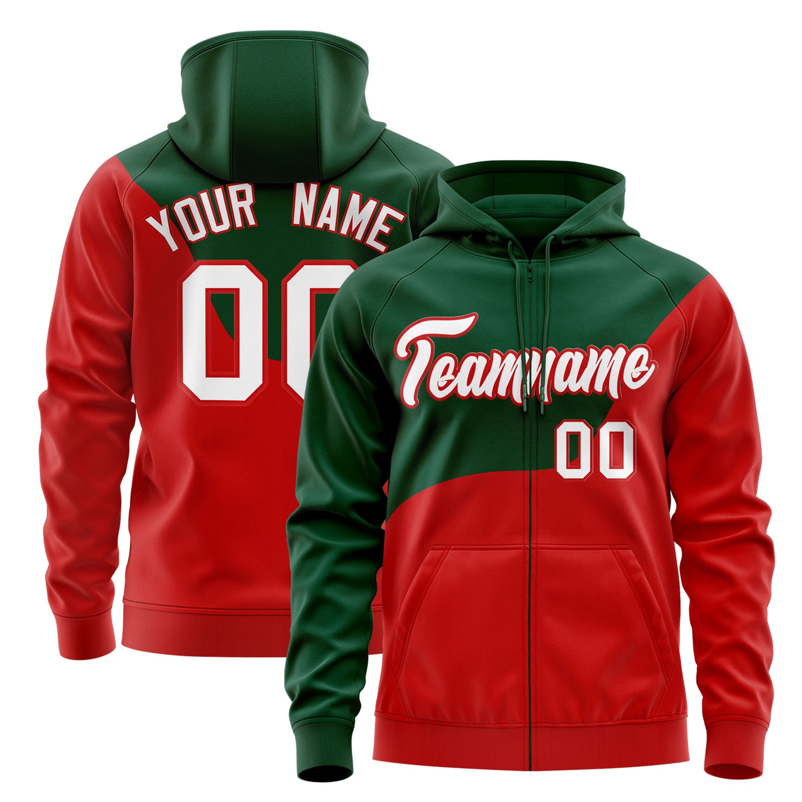 Custom Kelly Green Red Color Block Varsity Full-Zip Letterman Wave Hoodie Jacket