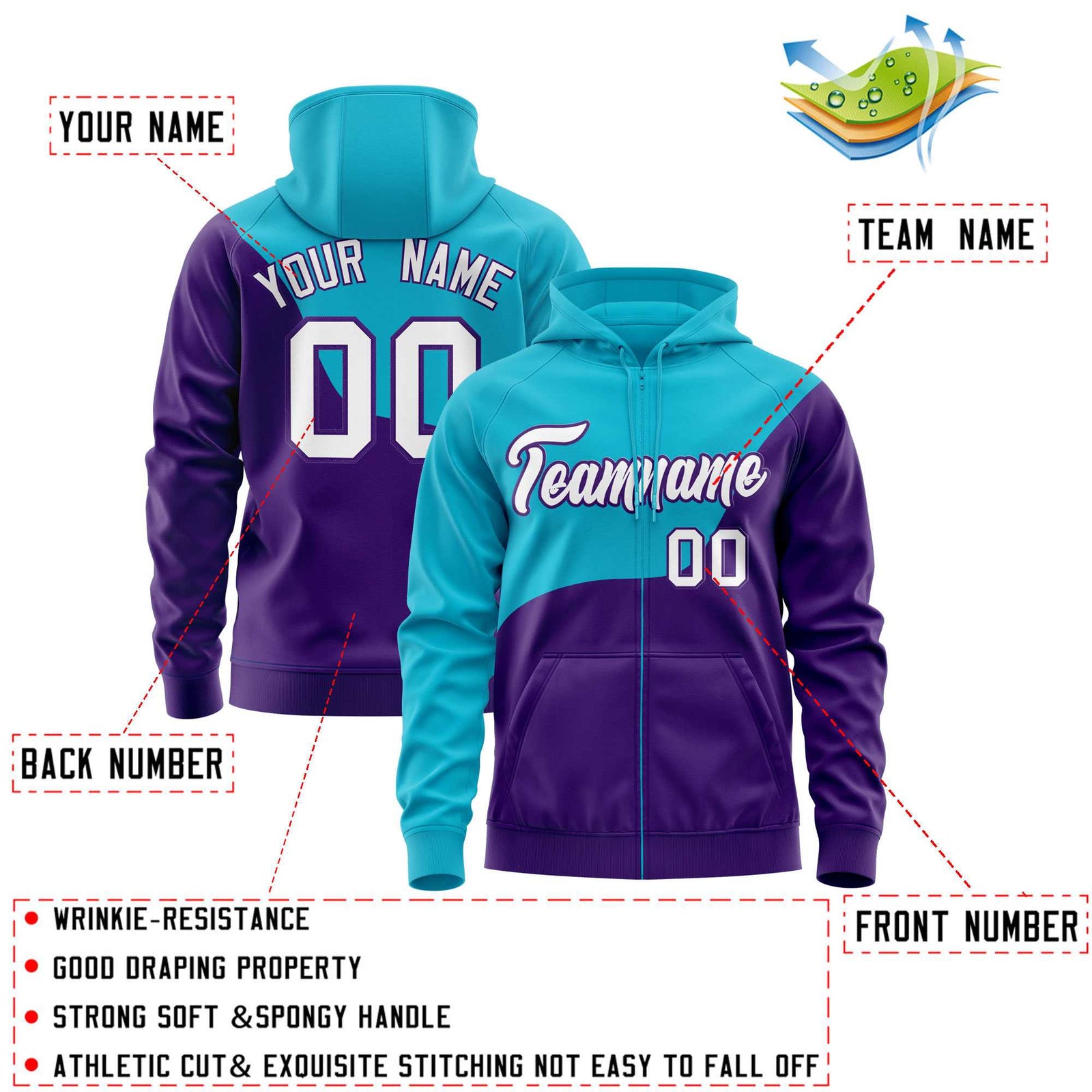 Custom Teal Purple Color Block Varsity Full-Zip Letterman Wave Hoodie Jacket