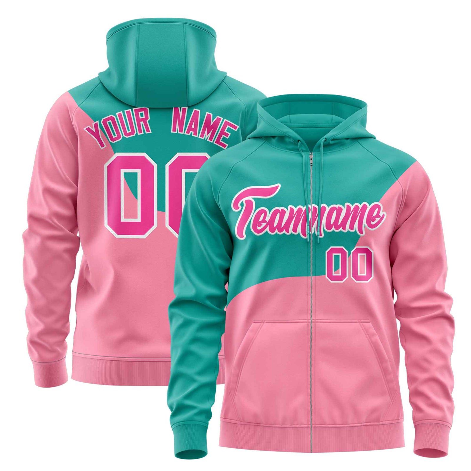 Custom Bright Green Light Pink Color Block Varsity Full-Zip Letterman Wave Hoodie Jacket