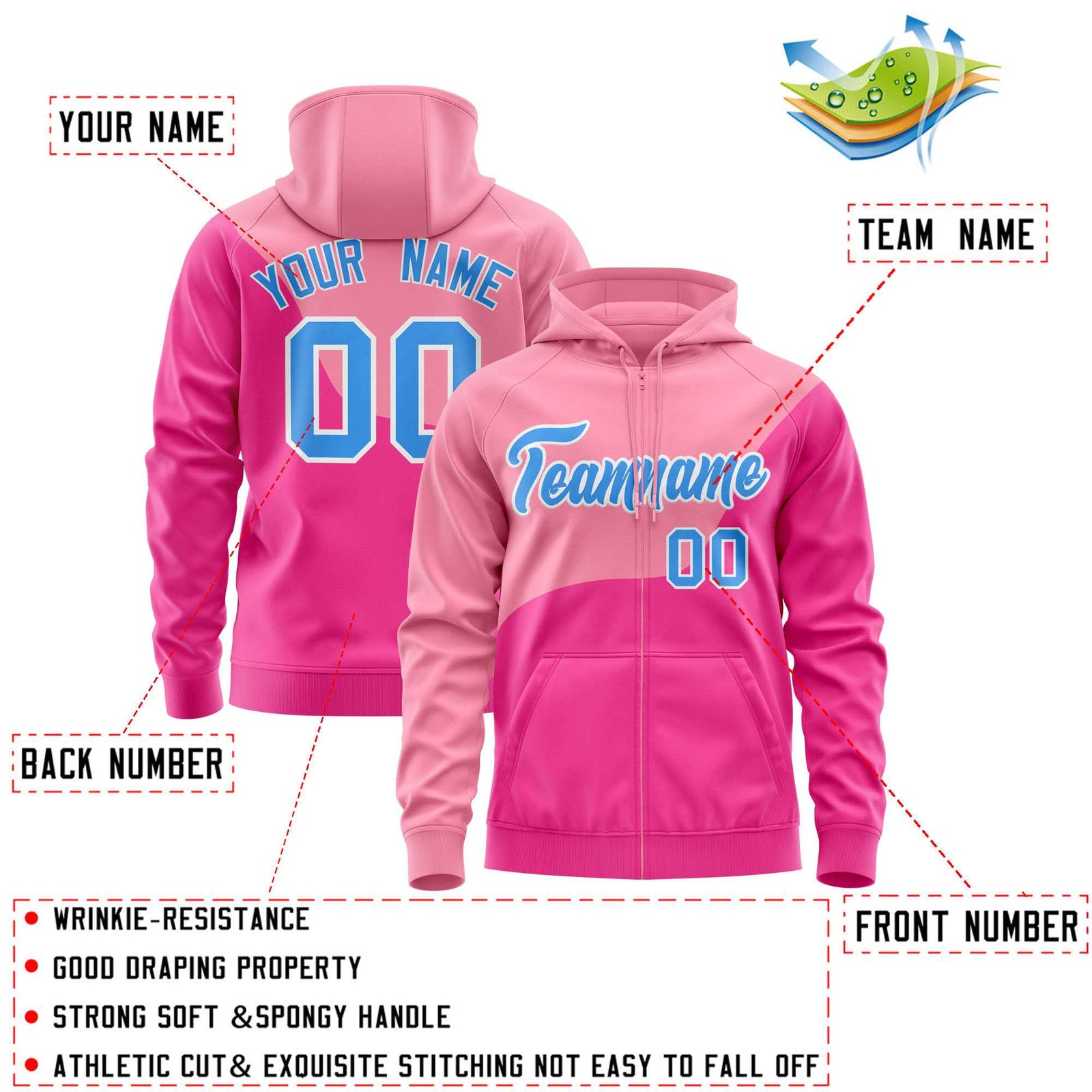 Custom Light Pink Pink Color Block Varsity Full-Zip Letterman Wave Hoodie Jacket
