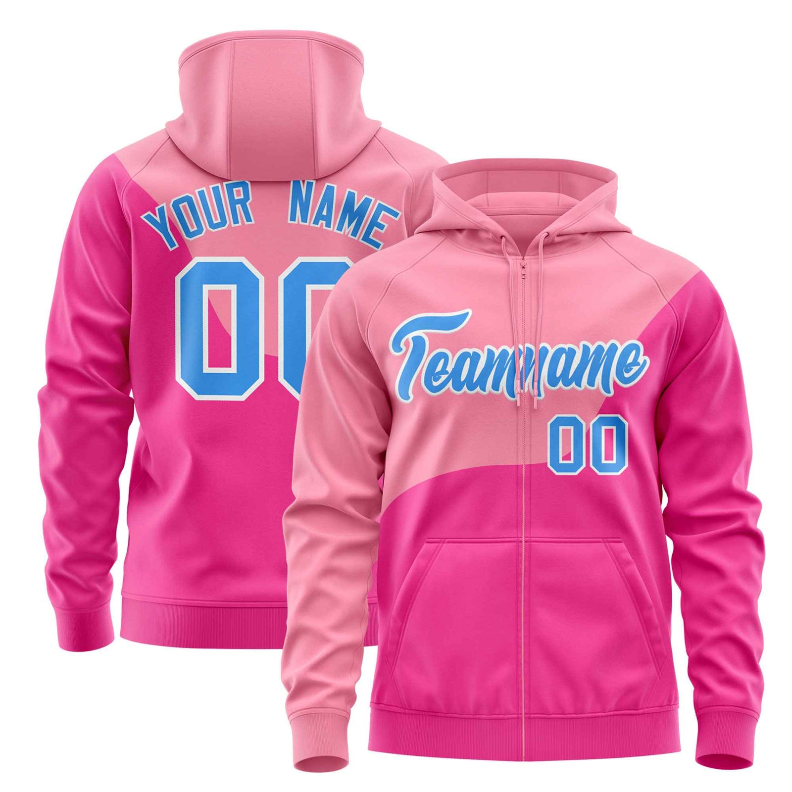Custom Light Pink Pink Color Block Varsity Full-Zip Letterman Wave Hoodie Jacket