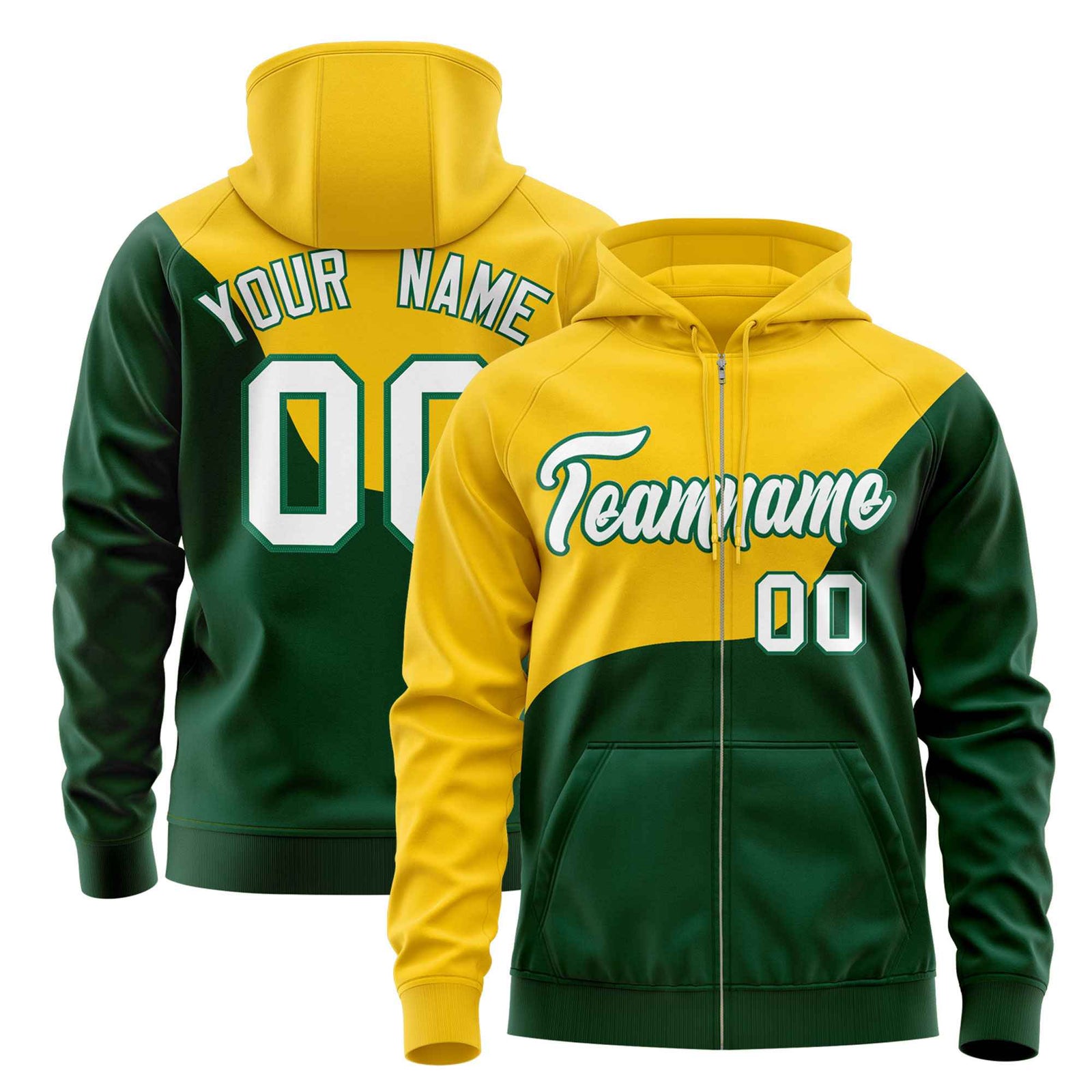 Custom Gold Kelly Green Color Block Varsity Full-Zip Letterman Wave Hoodie Jacket