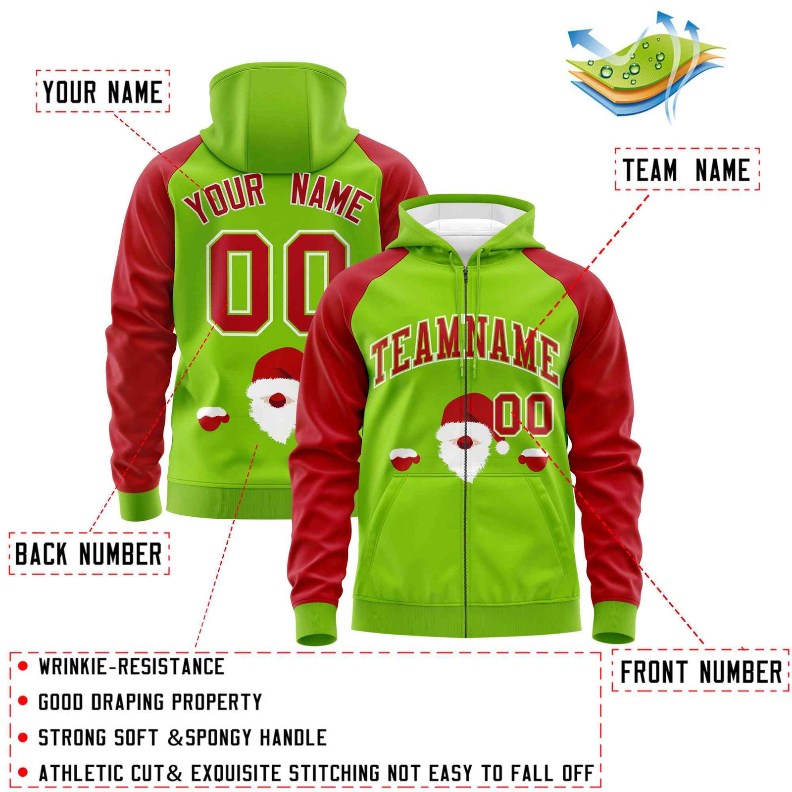 Custom Neon Green Red Christmas Graffiti Pattern Athletic Full-Zip Hoodie