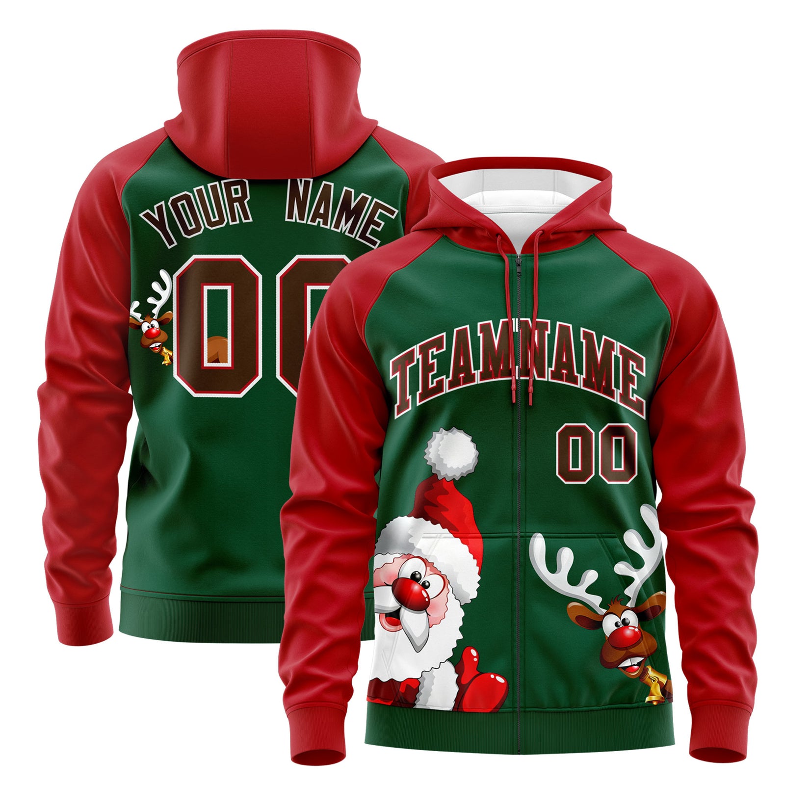 Custom Kelly Green Red Christmas Graffiti Pattern Athletic Full-Zip Hoodie