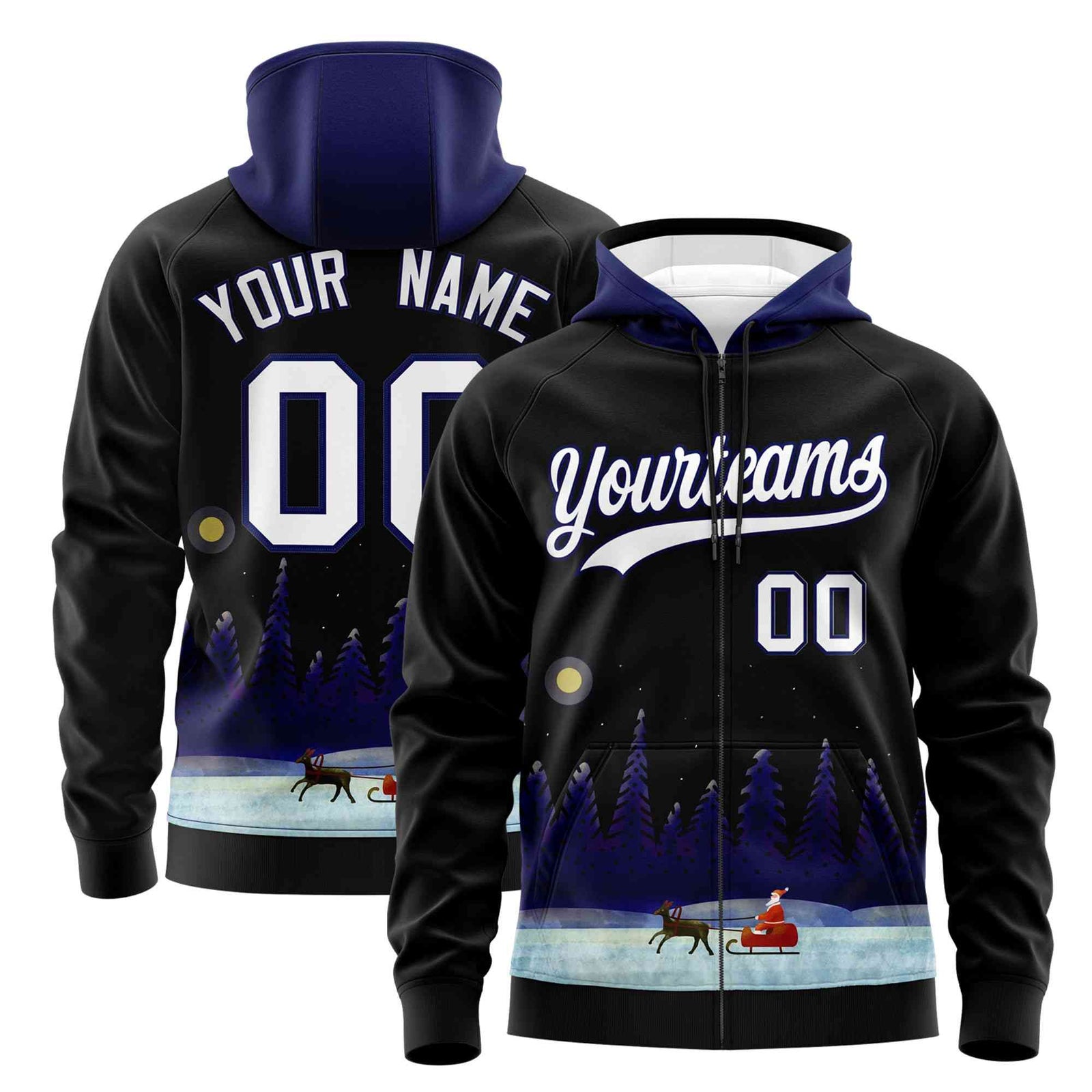 Custom Black Dark Blue Christmas Graffiti Pattern Athletic Full-Zip Hoodie