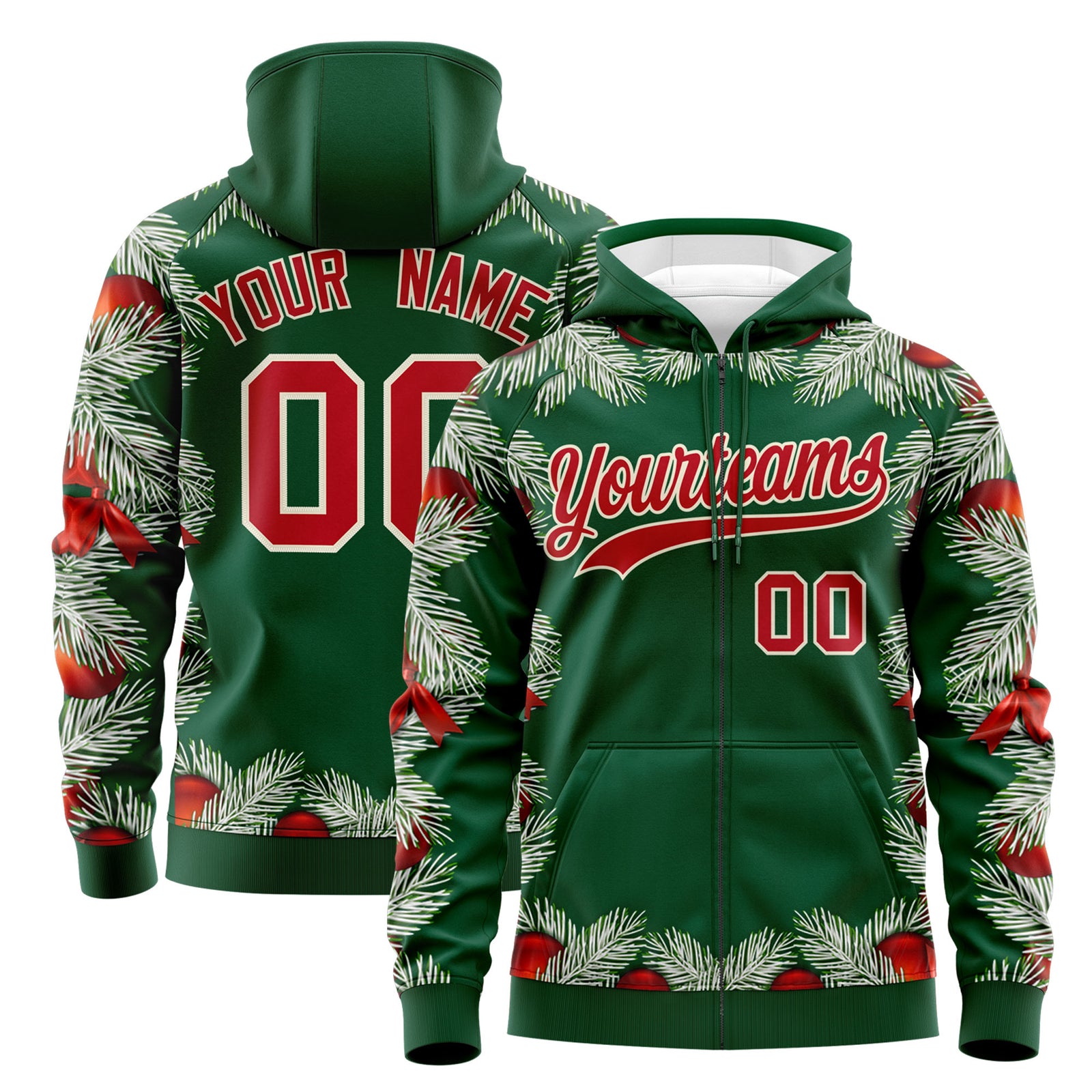 Custom Kelly Green Red Christmas Graffiti Pattern Athletic Full-Zip Hoodie