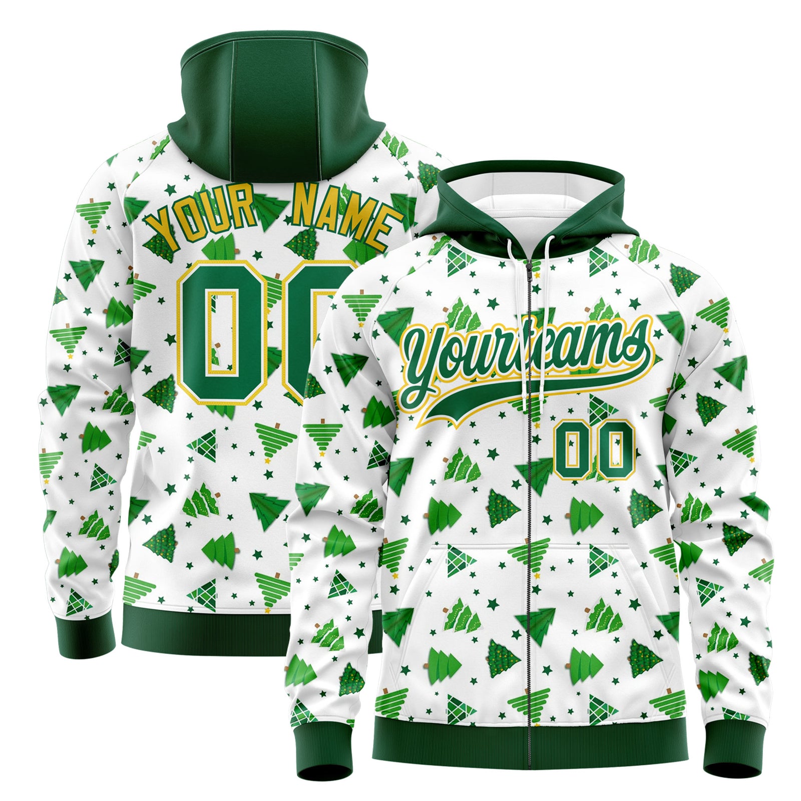 Custom White Kelly Green Christmas Graffiti Pattern Athletic Full-Zip Hoodie