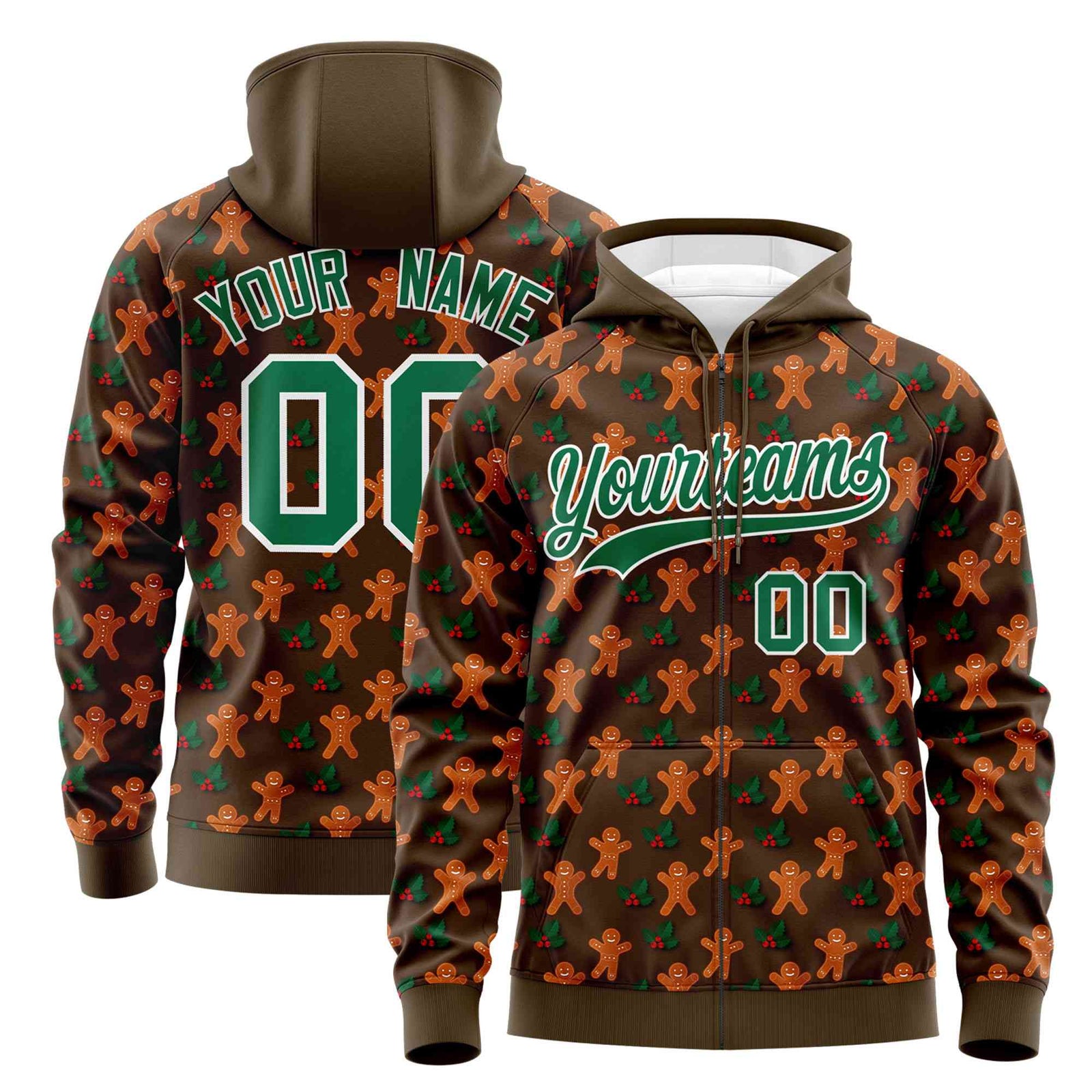 Custom Light Brown Kelly Green Christmas Graffiti Pattern Athletic Full-Zip Hoodie